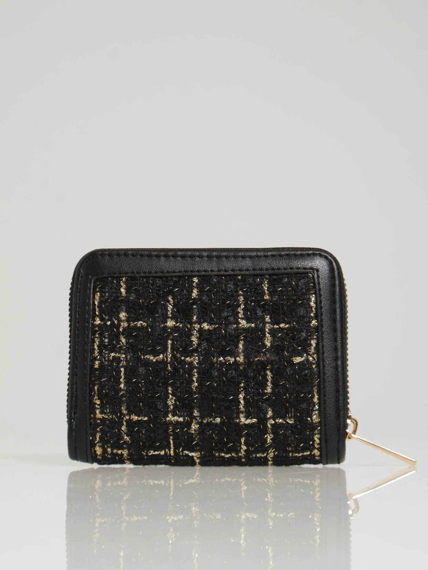 Boucle & Pearl Detail Single Zip Purse - Black - Image 3