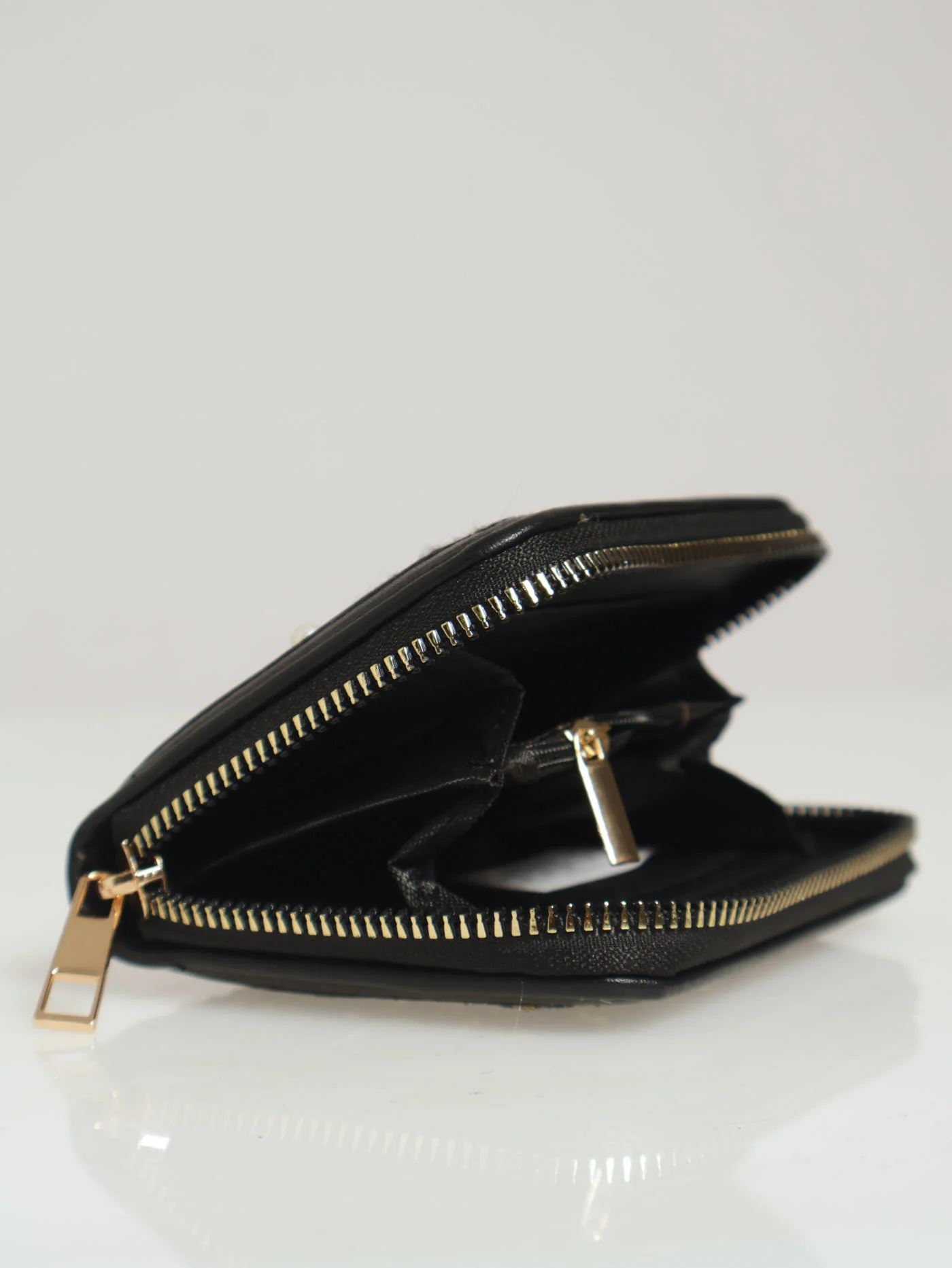 Boucle & Pearl Detail Single Zip Purse - Black - Image 4