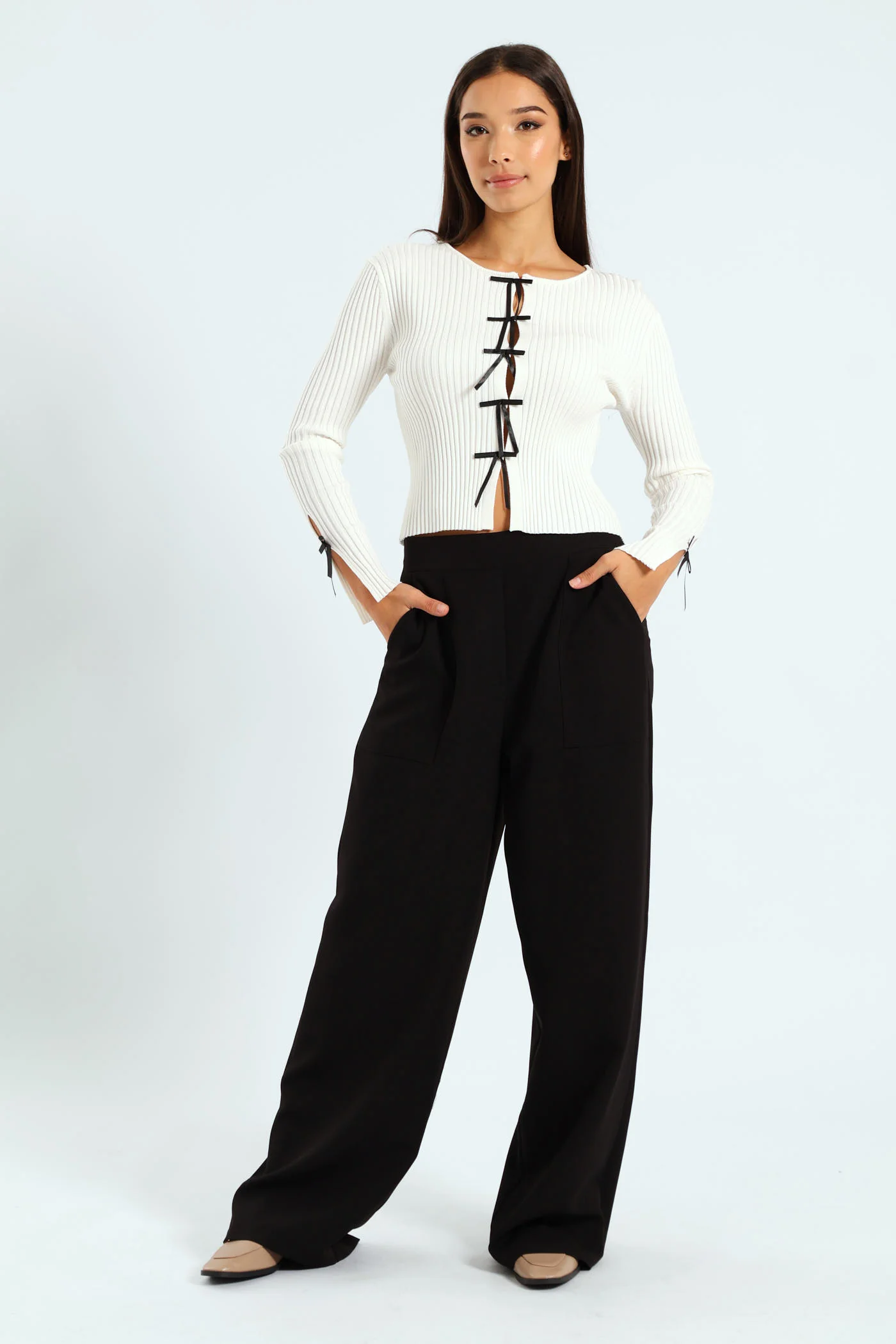 Bow Detail Cardigan - White/Black - Image 2