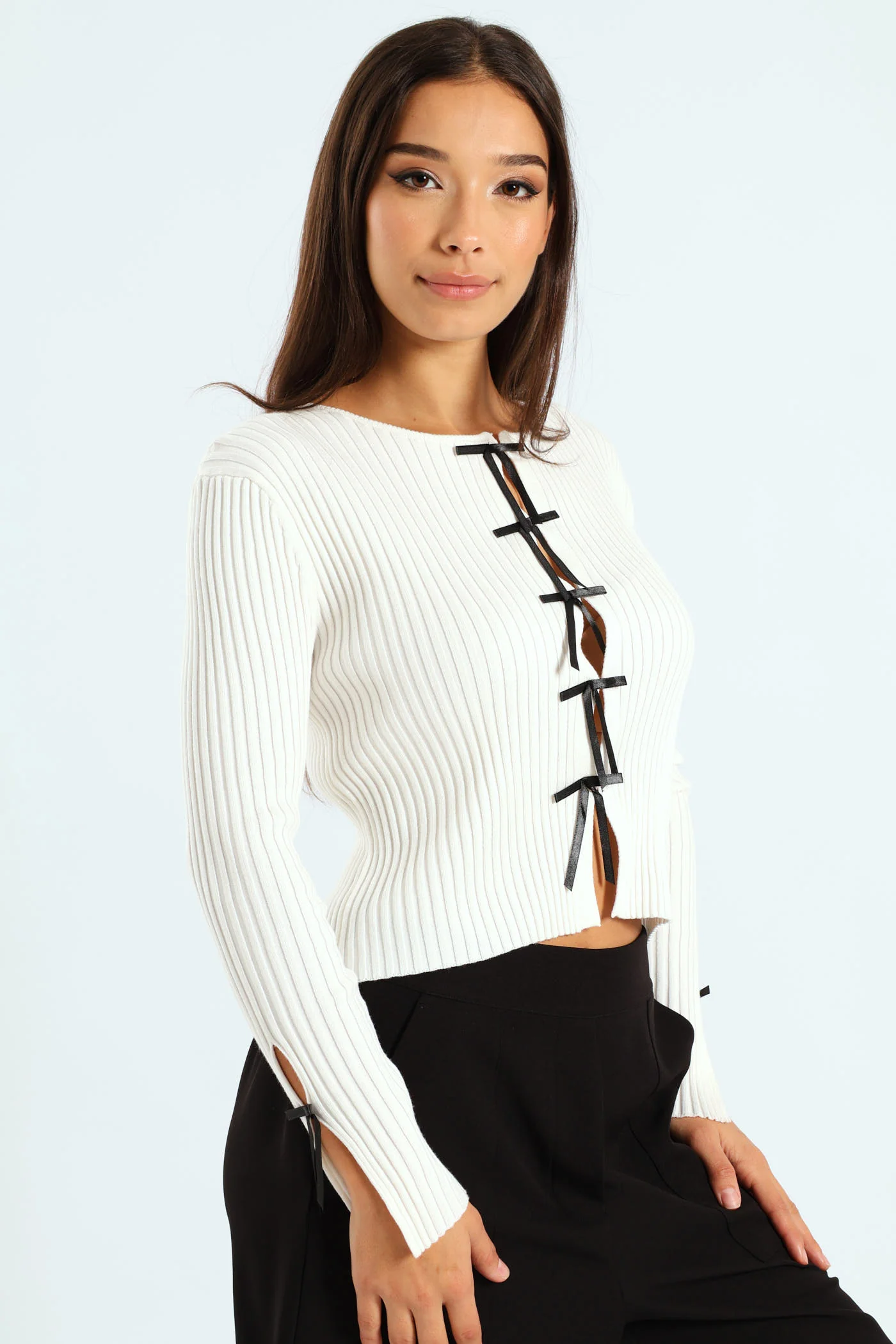 Bow Detail Cardigan - White/Black - Image 3