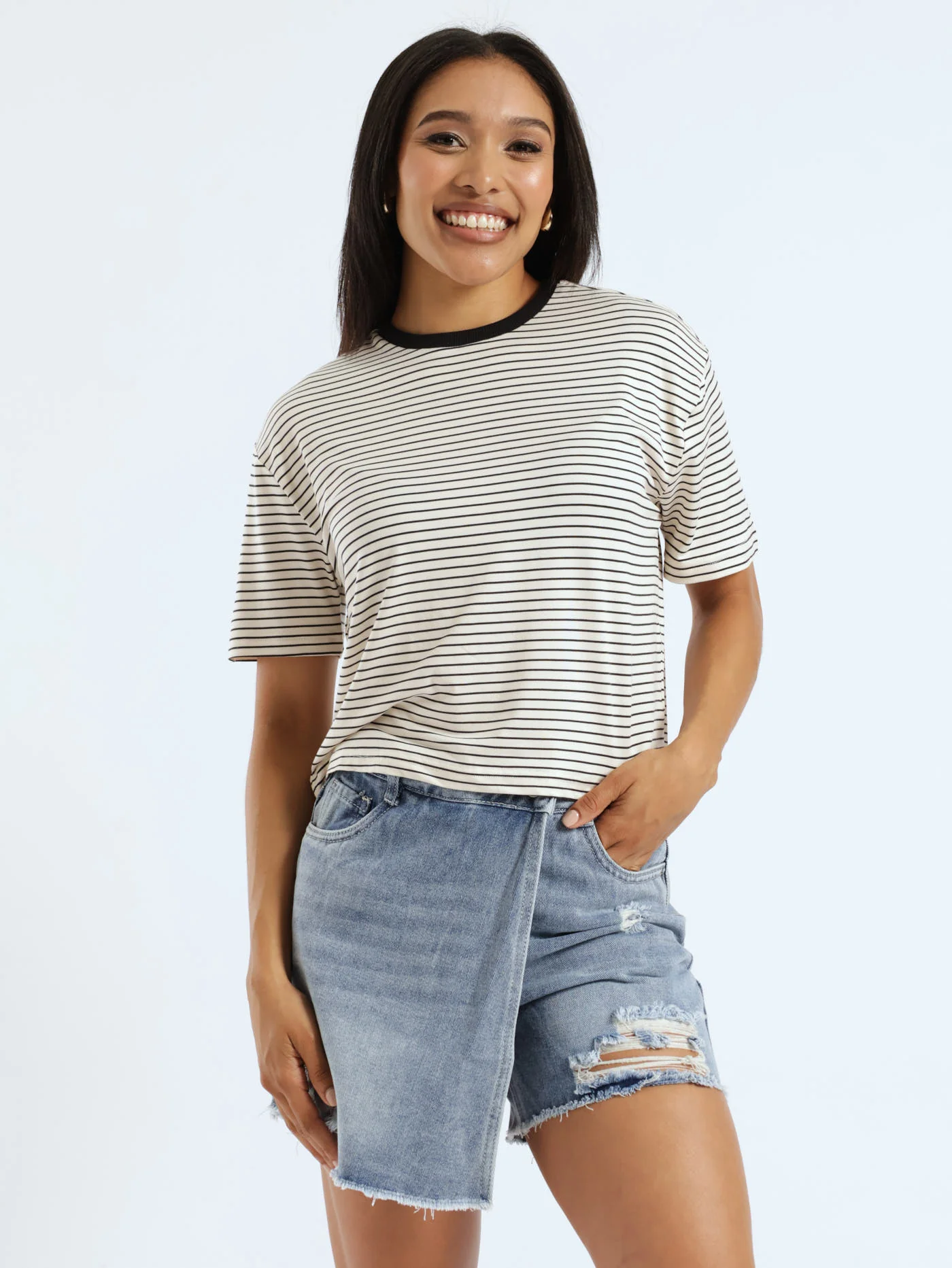 Boxy Stripe Tee - Cream/Black - Image 5