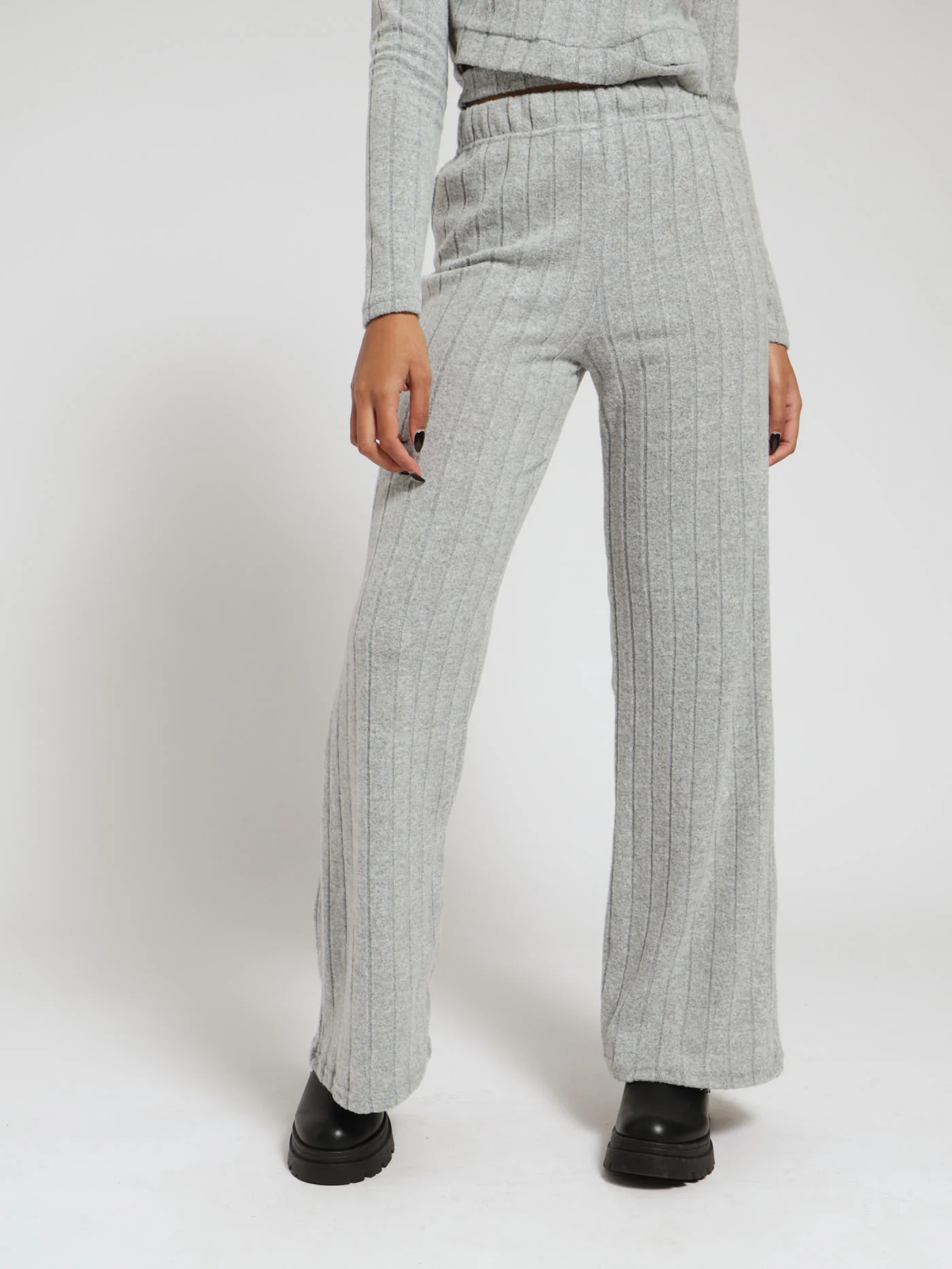 Brushed Ribb Wideleg Pants - Grey Melange
