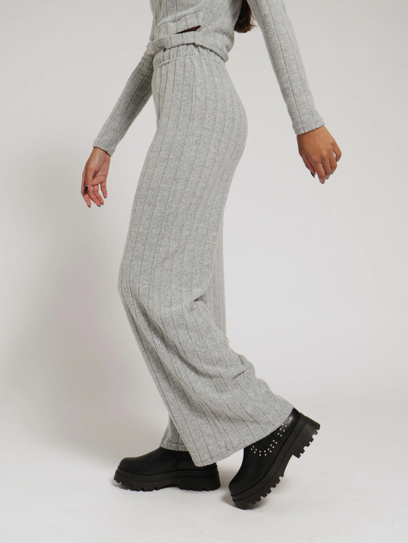 Brushed Ribb Wideleg Pants - Grey Melange - Image 2