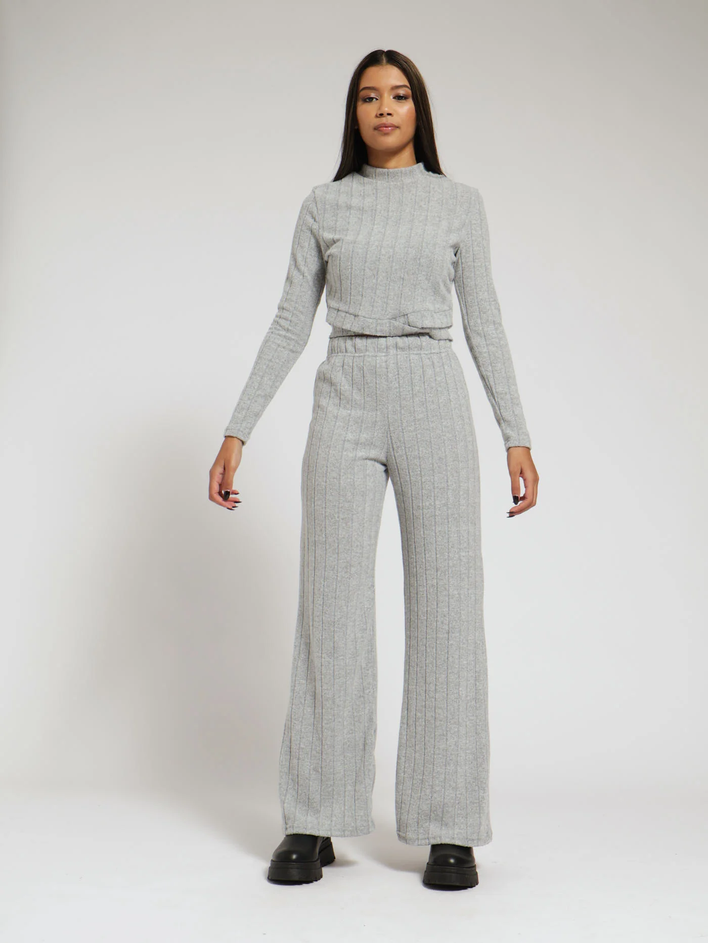 Brushed Ribb Wideleg Pants - Grey Melange - Image 5