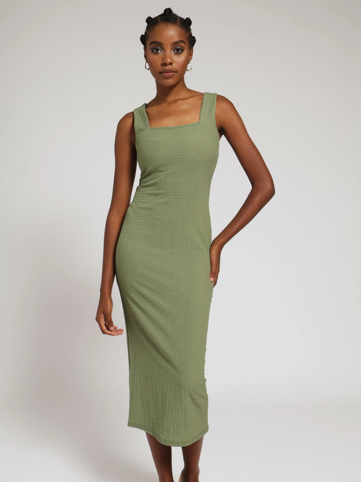 Bubble Knit Basic Bodycon Dress - Olive