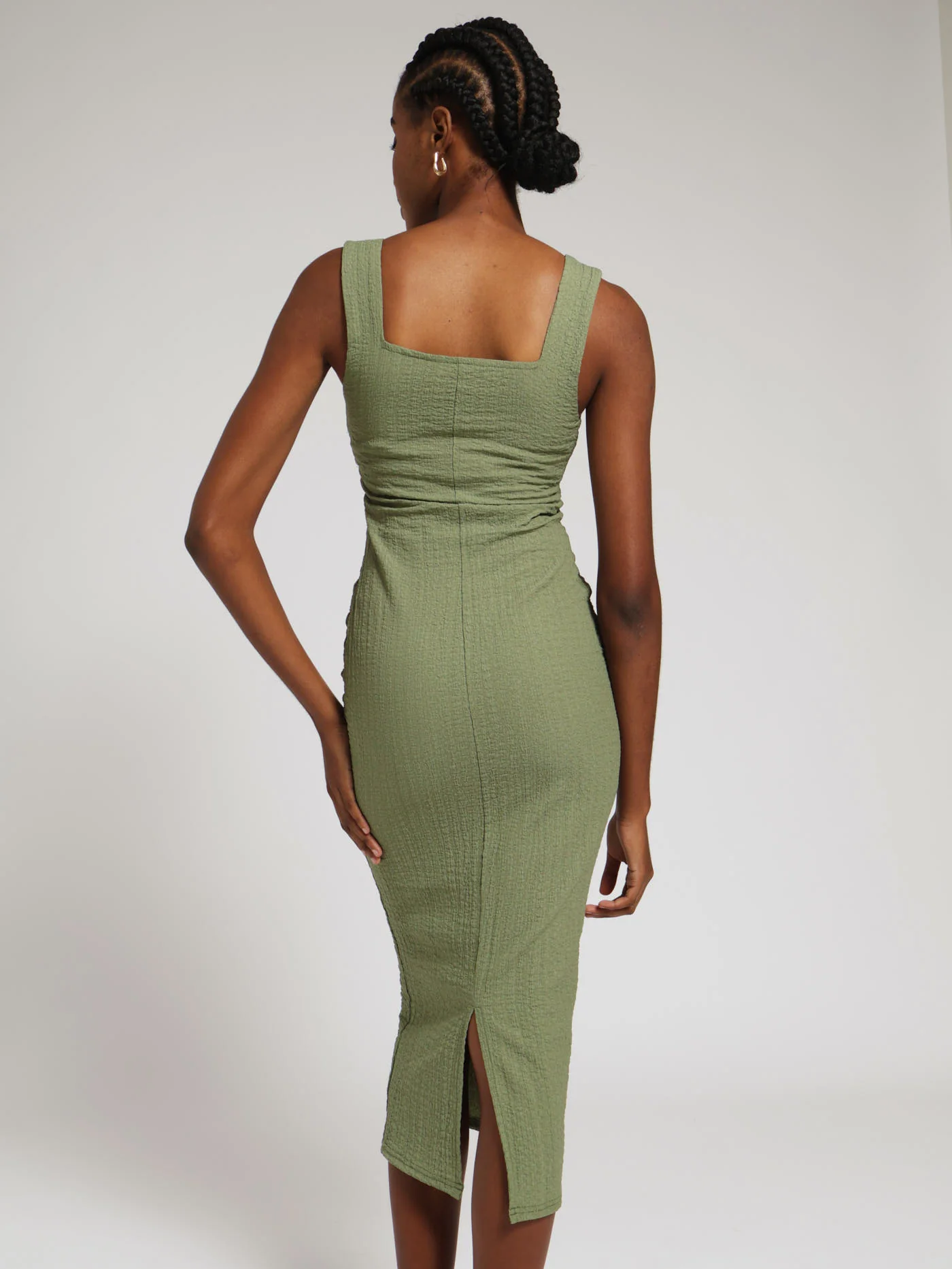 Bubble Knit Basic Bodycon Dress - Olive - Image 3