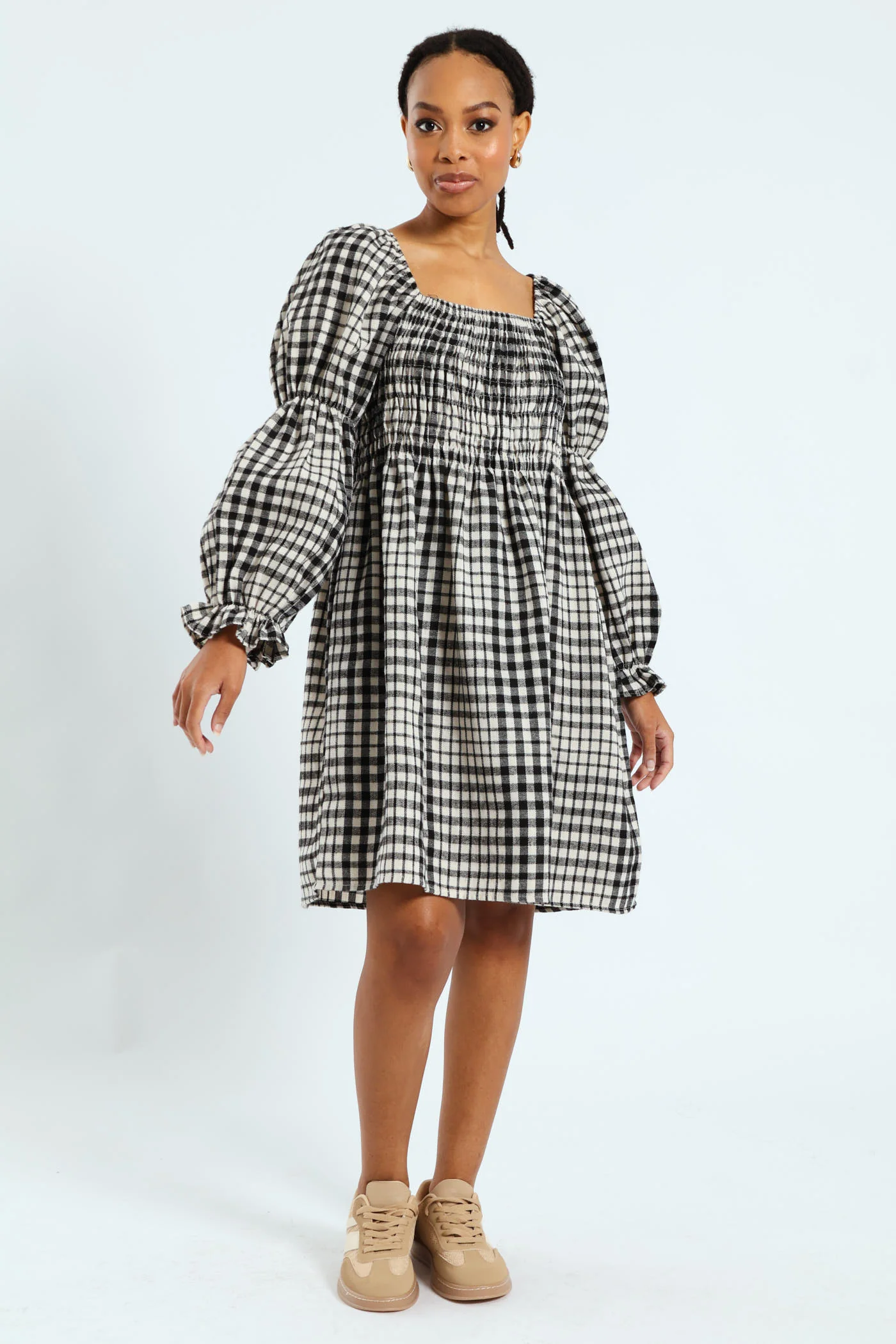 Bubble Sleeve Check Woven Midi Dress - Black/Cream - Image 2