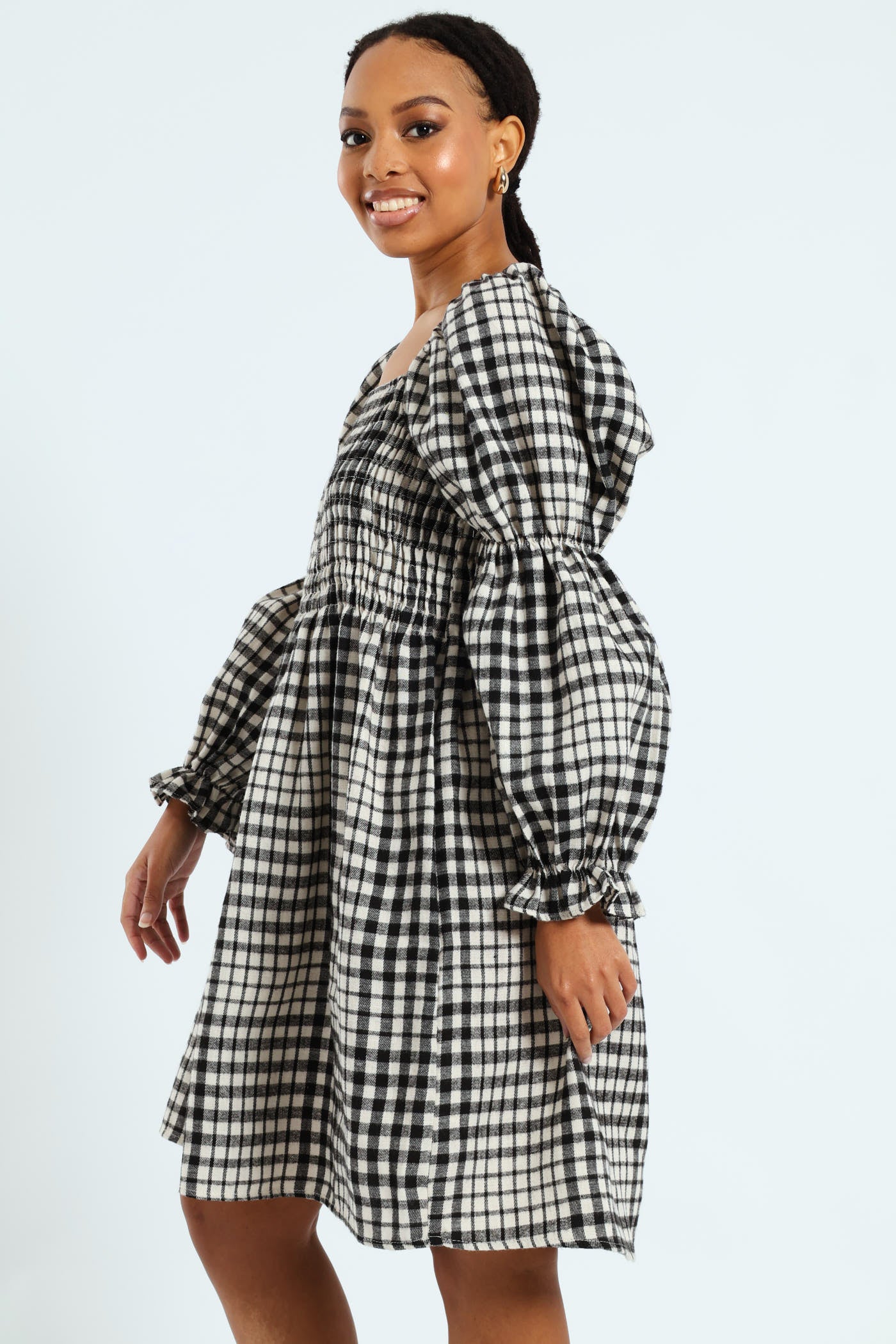 Bubble Sleeve Check Woven Midi Dress - Black/Cream - Image 3