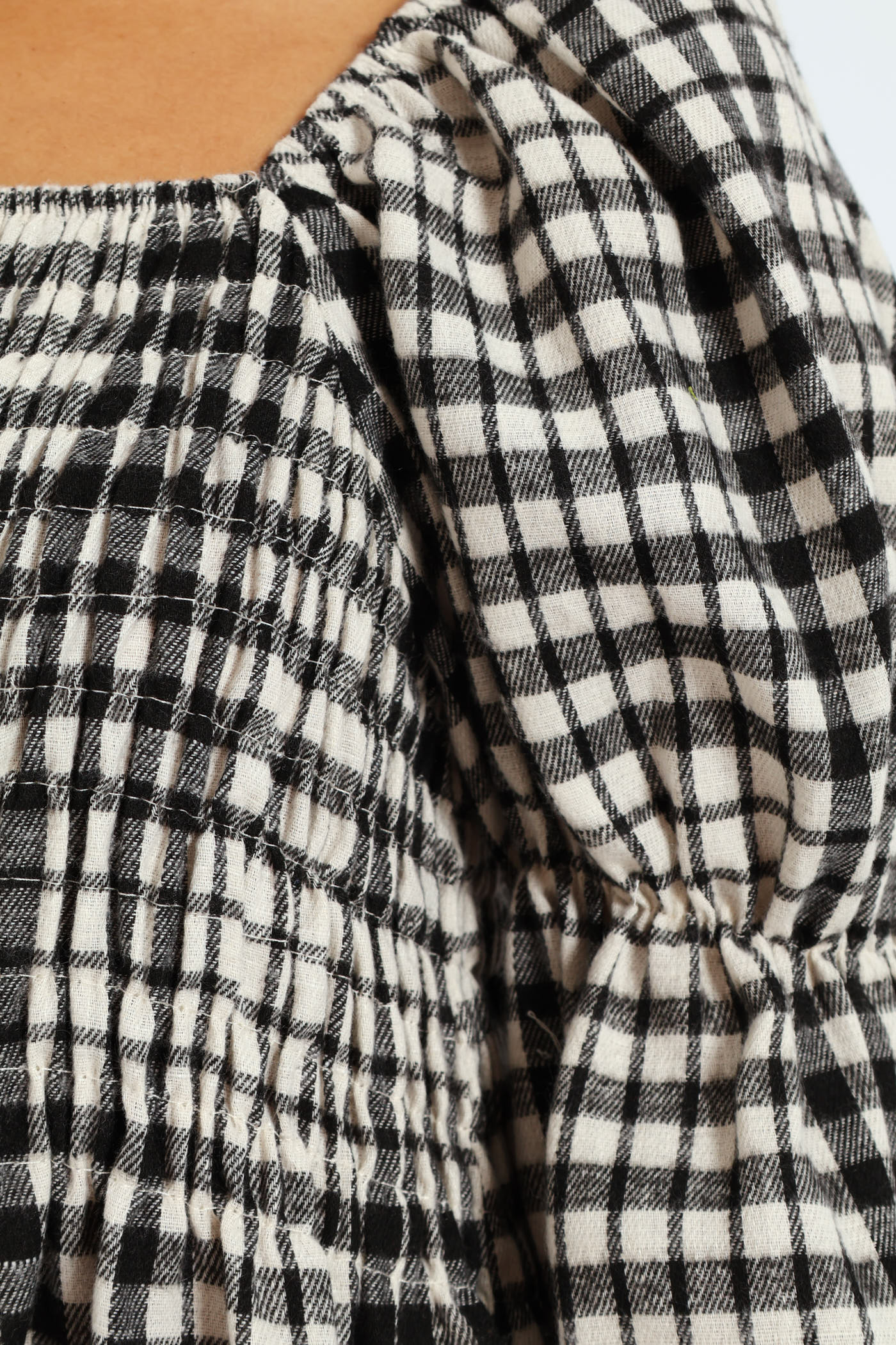 Bubble Sleeve Check Woven Midi Dress - Black/Cream - Image 6