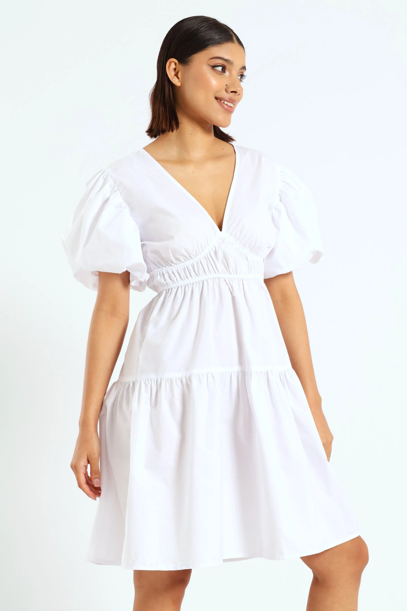 Bubble Sleeve Elastic Waist Detail Poplin Mini Dress - White