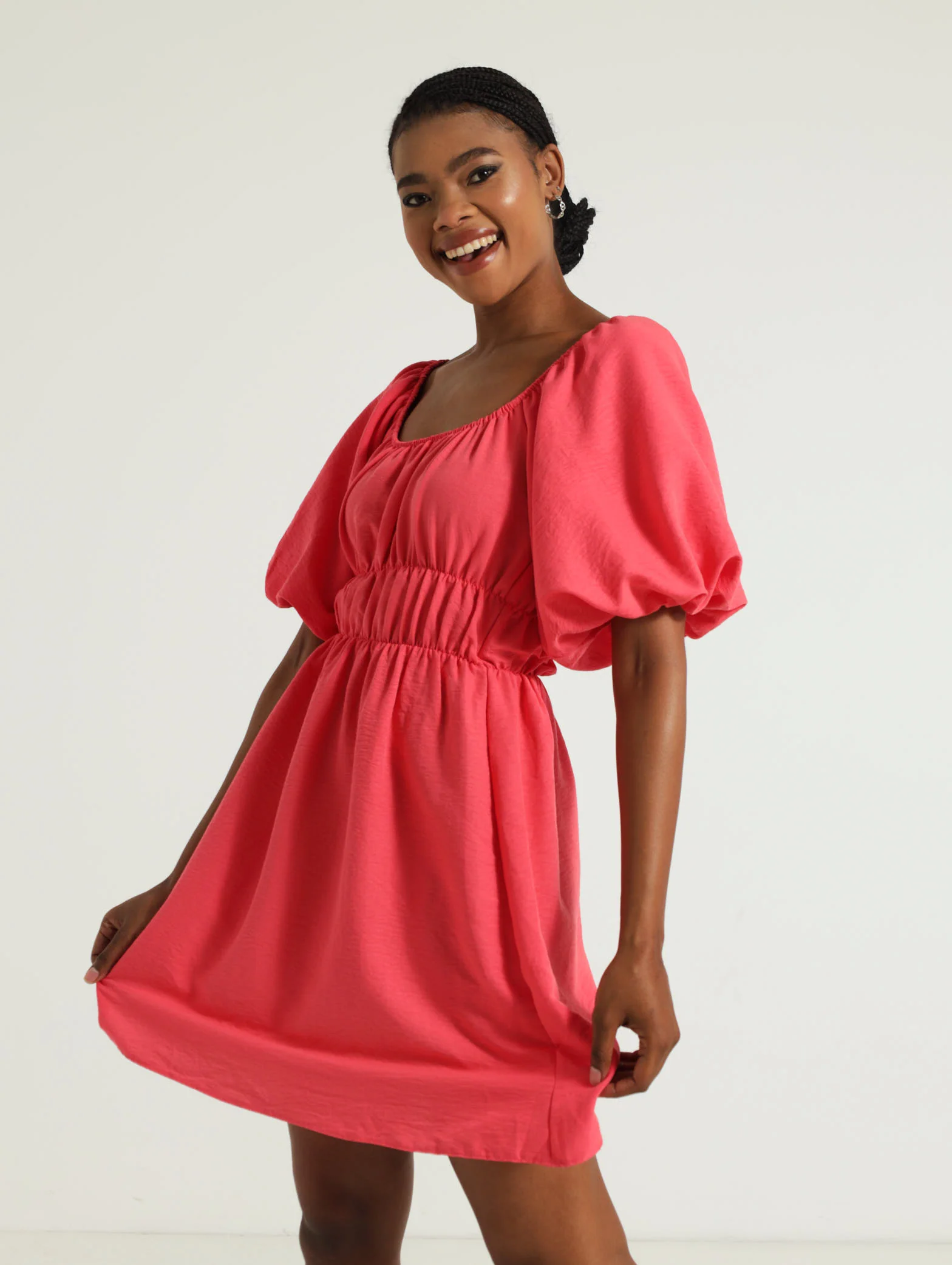 Bubble Sleeve Elastic Waist Mini Dress