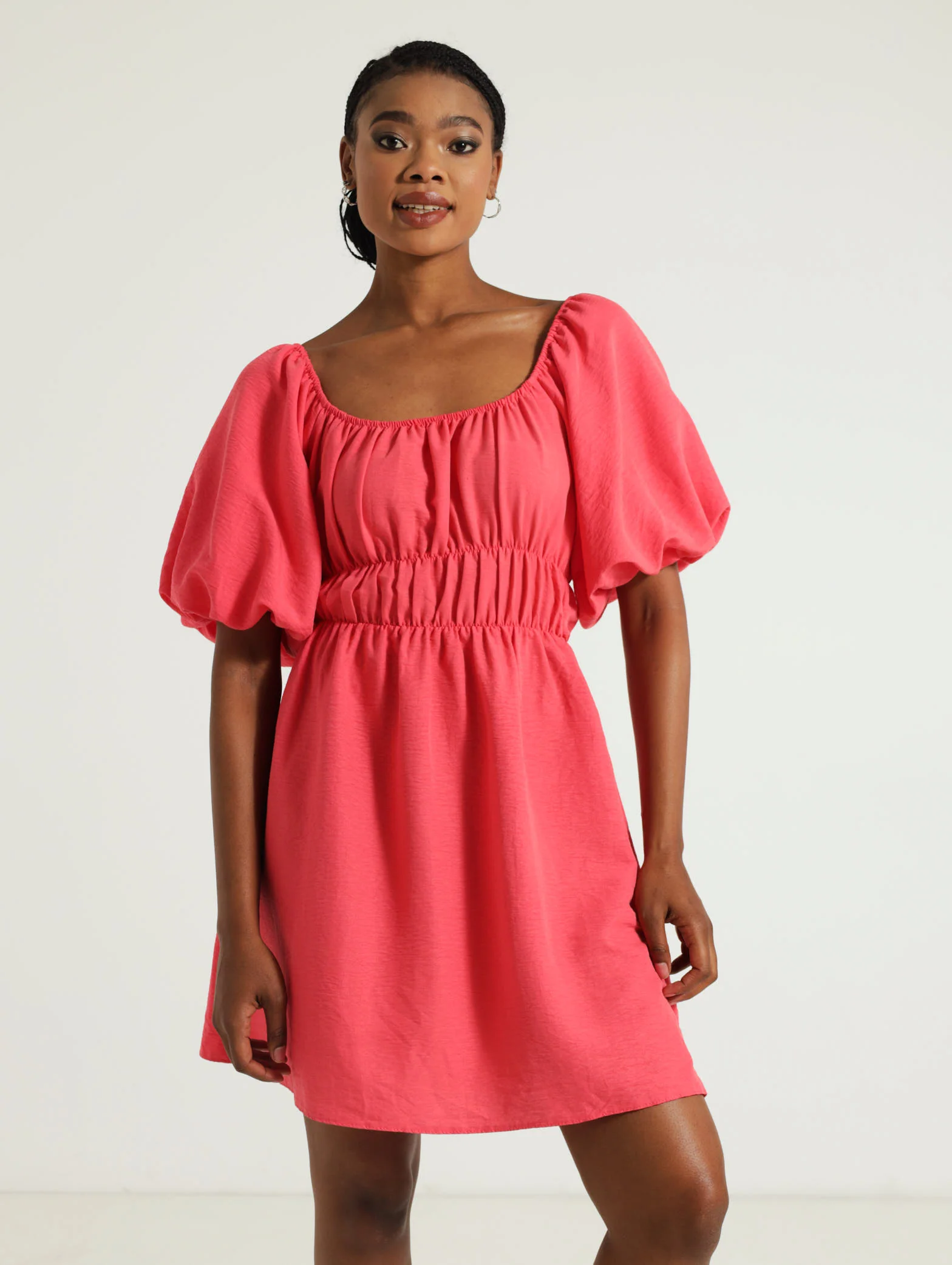 Bubble Sleeve Elastic Waist Mini Dress - Image 2