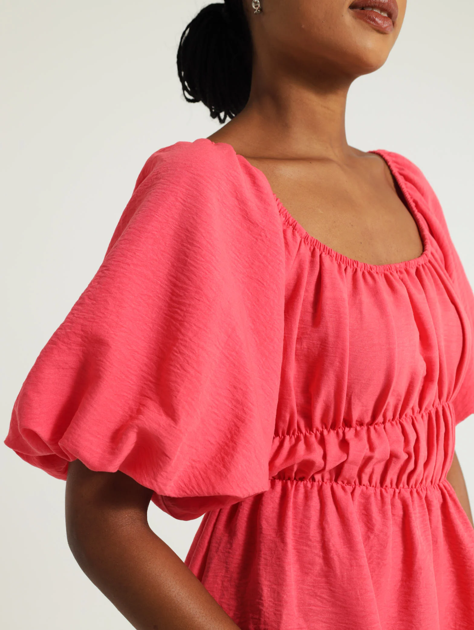 Bubble Sleeve Elastic Waist Mini Dress - Image 4