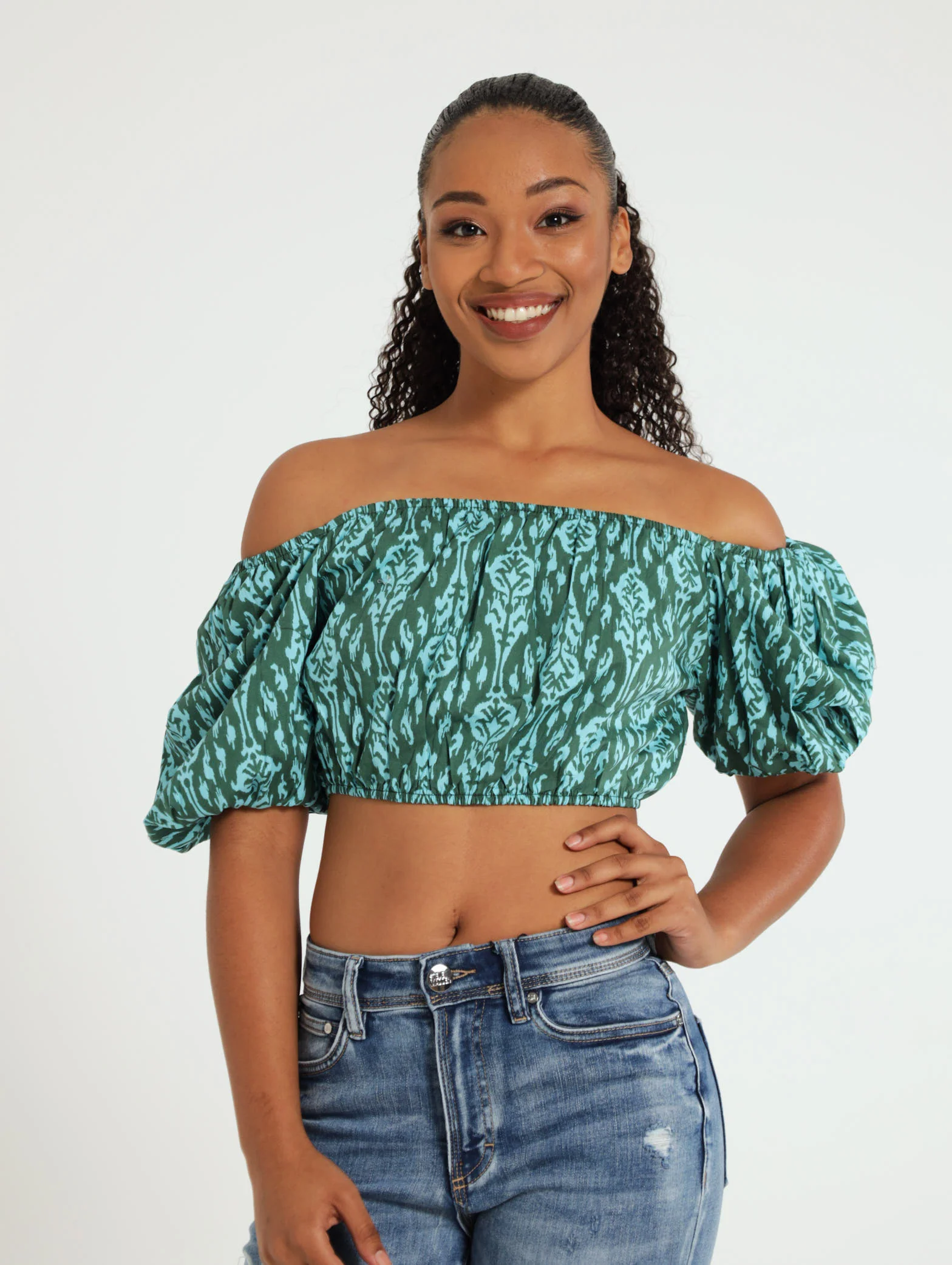 Bubble Sleeve Poplin Printed Crop Top