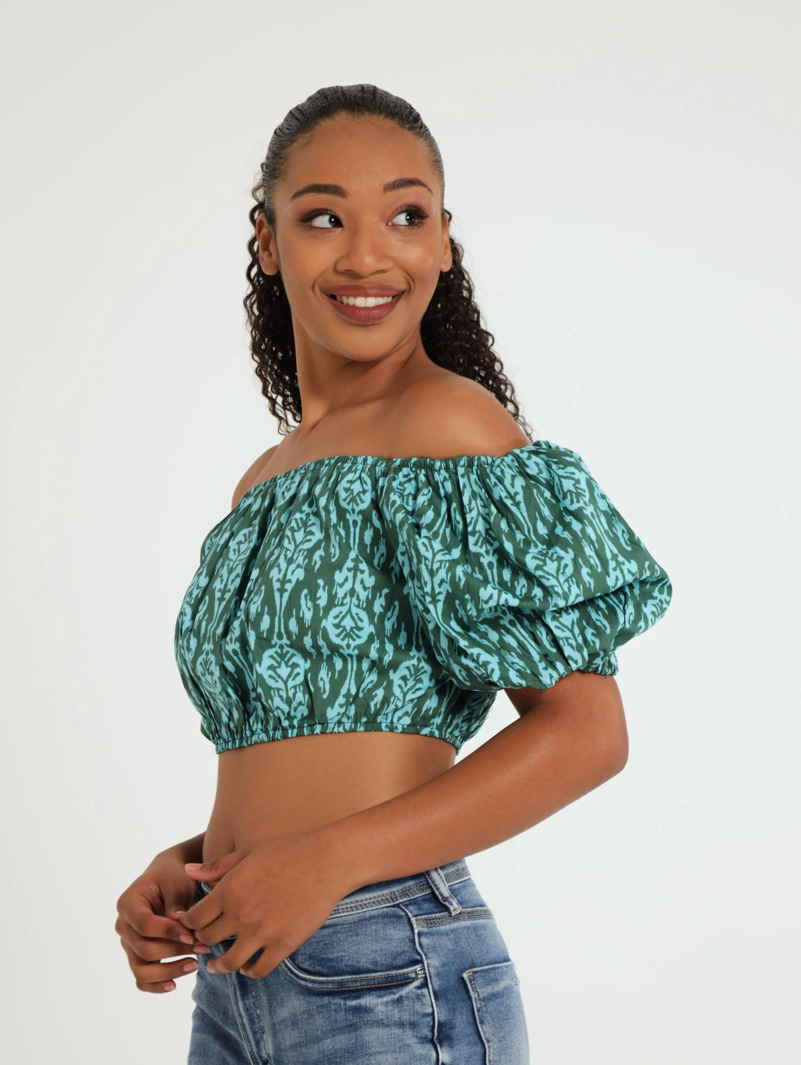 Bubble Sleeve Poplin Printed Crop Top - Image 2