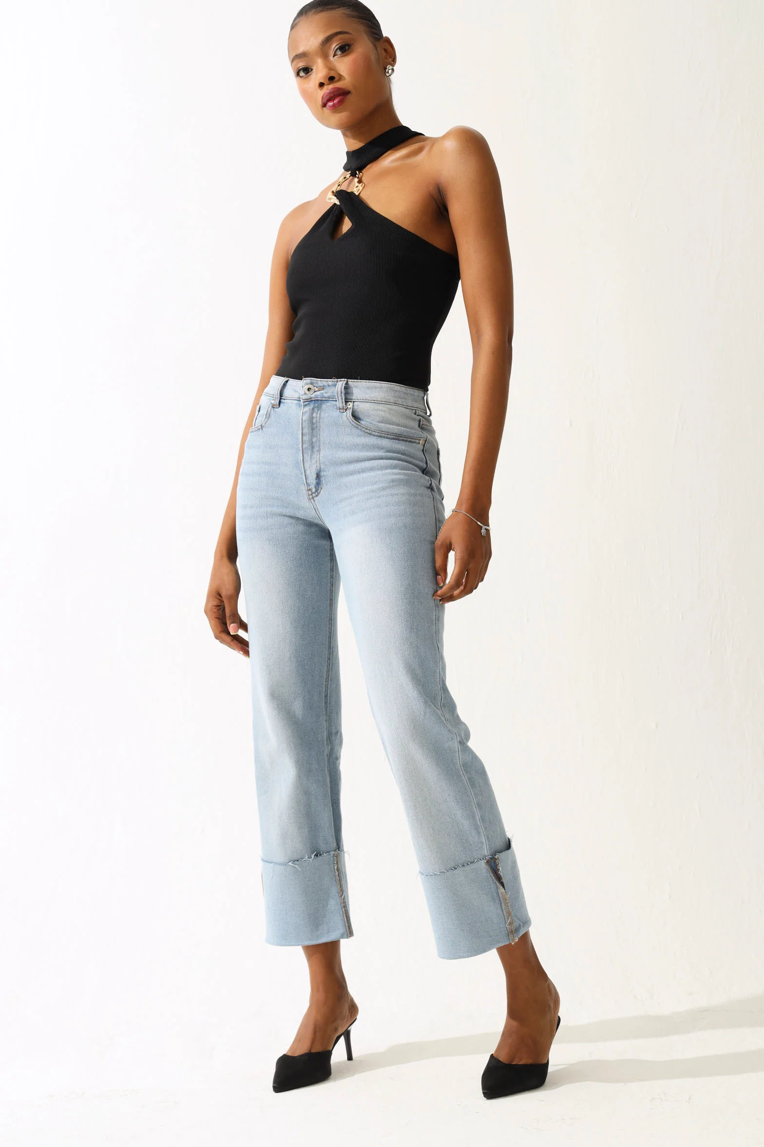 Buckle Detail Halter Neck Bodysuit - Black