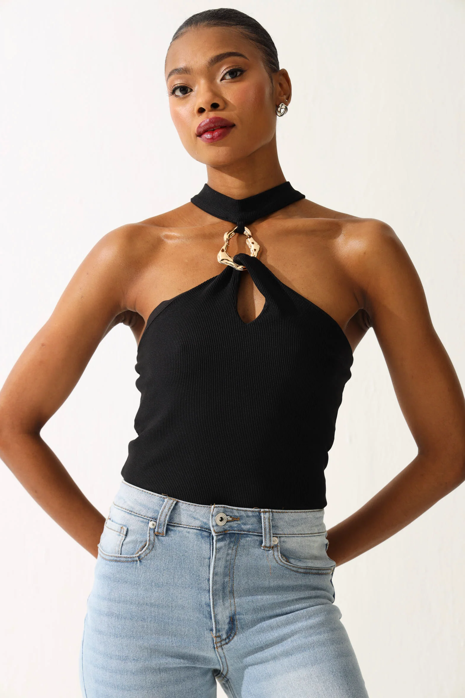 Buckle Detail Halter Neck Bodysuit - Black - Image 2