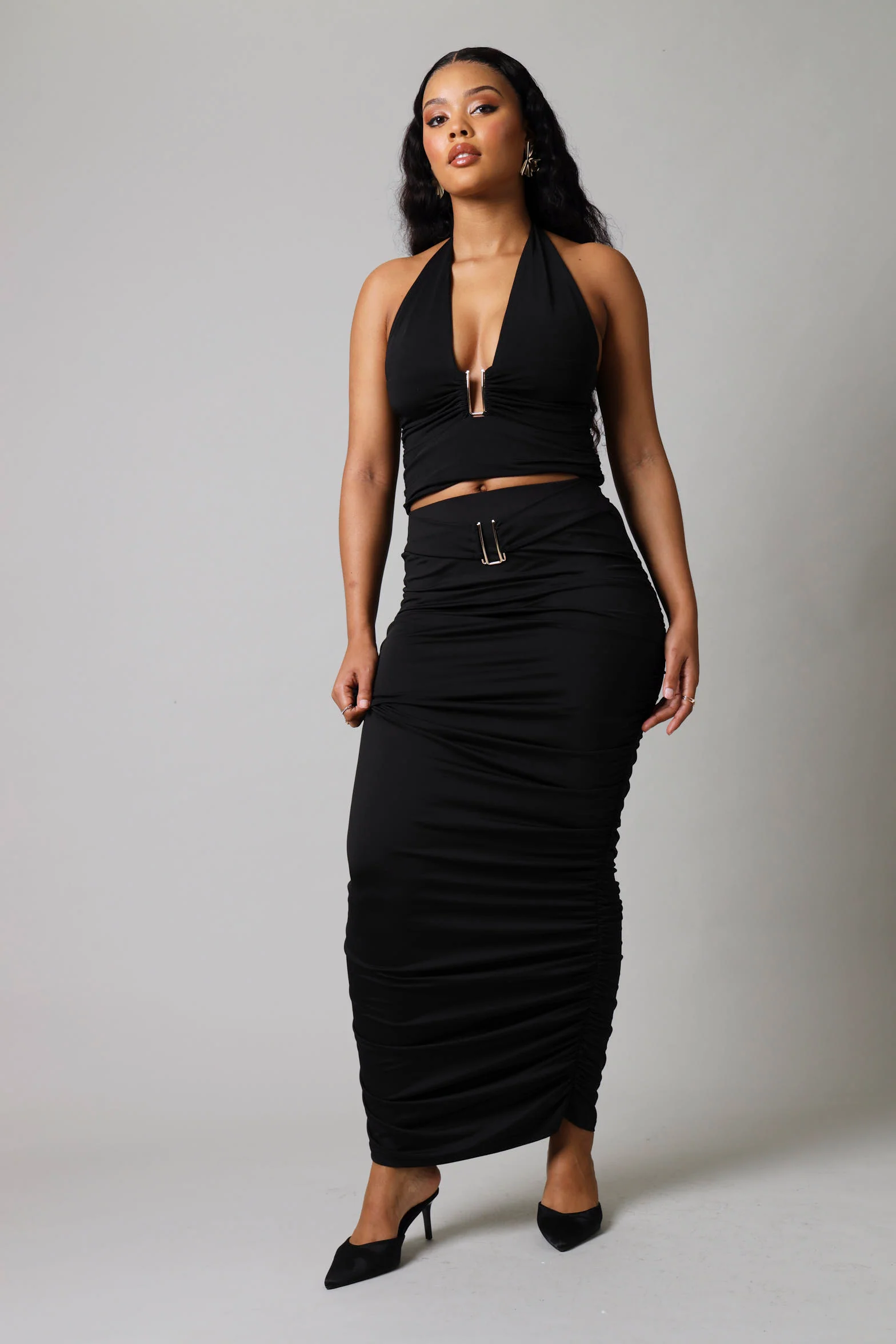 Buckle Detail Slinky Skirt - Black