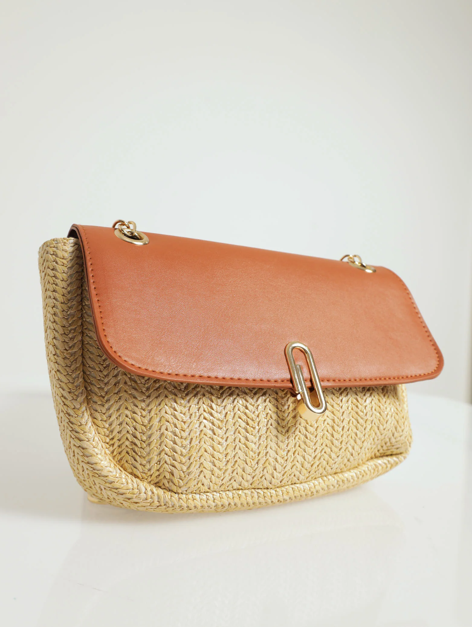 Buckle Detail Straw Bag With Pu Flapover - Tan - Image 2
