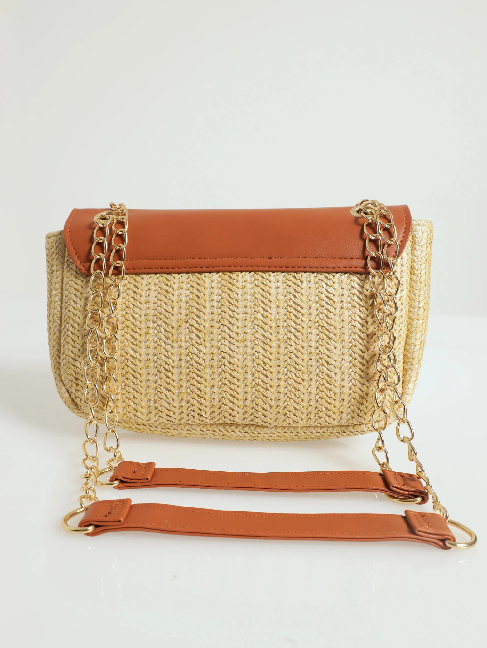 Buckle Detail Straw Bag With Pu Flapover - Tan - Image 3