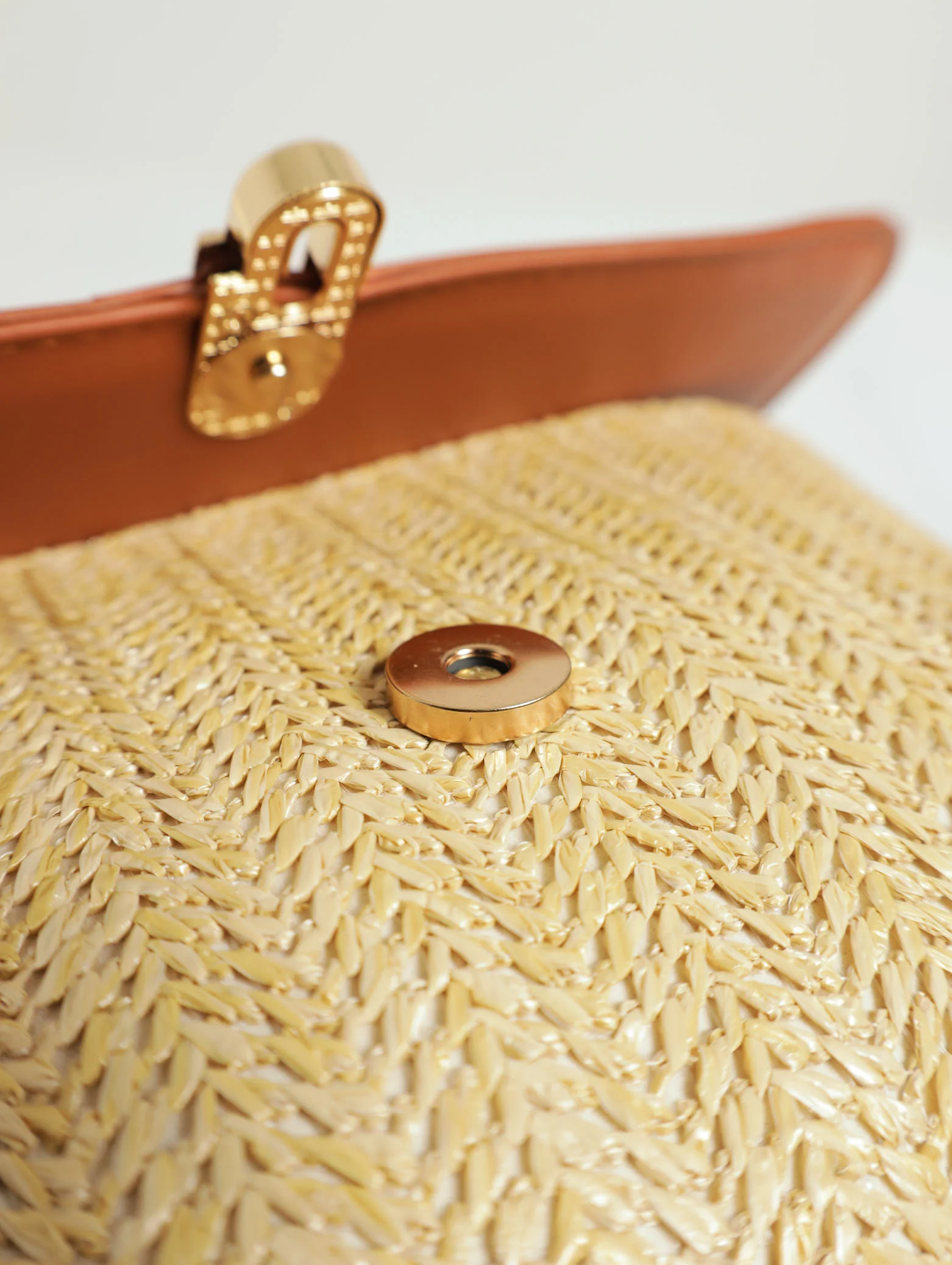 Buckle Detail Straw Bag With Pu Flapover - Tan - Image 5
