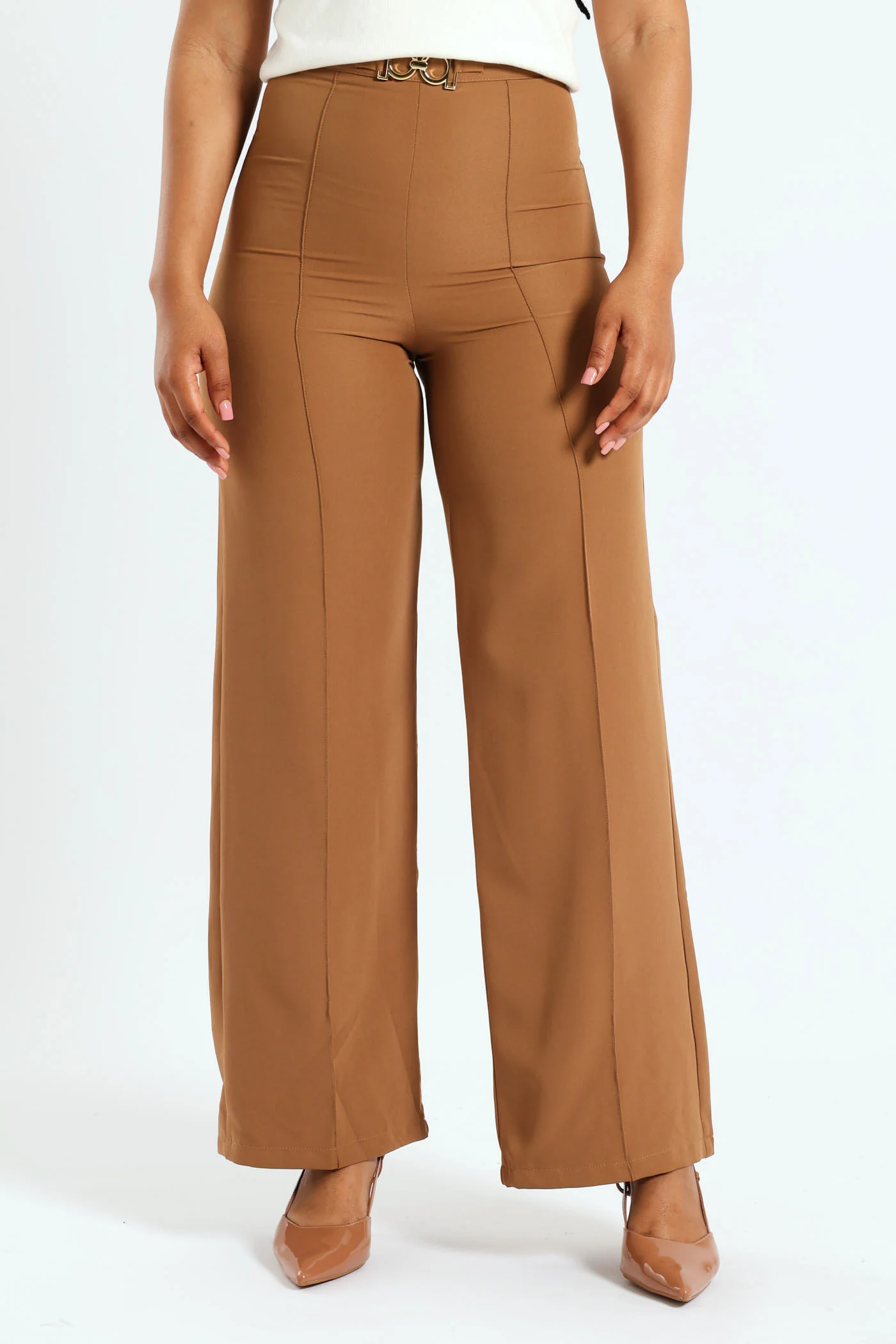 Buckle Detail Wide Leg Pant - Tan - Image 2