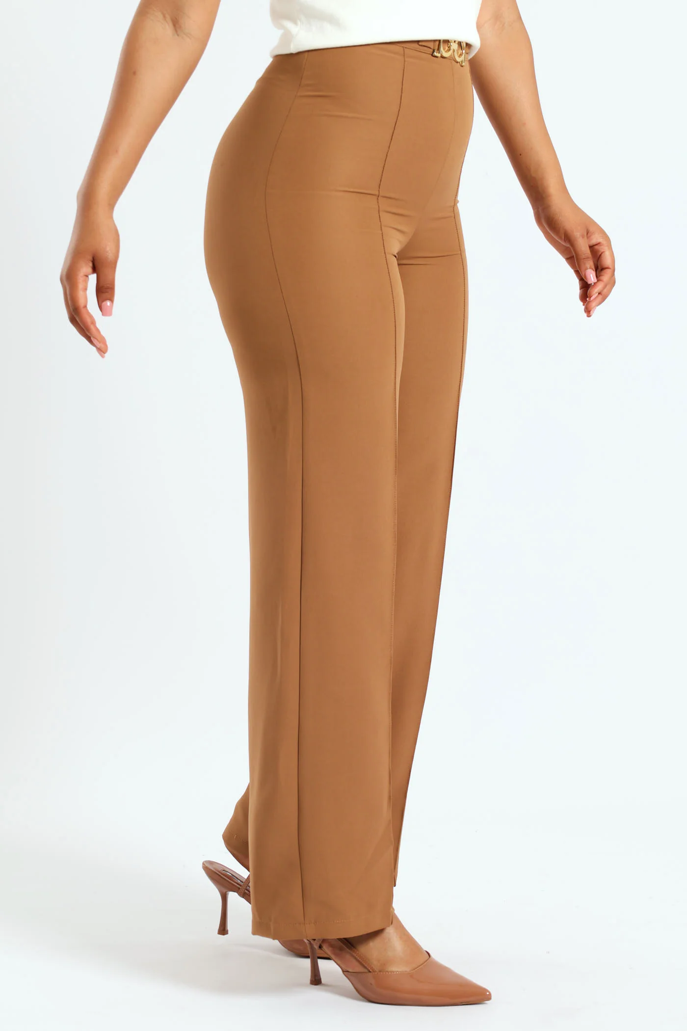 Buckle Detail Wide Leg Pant - Tan - Image 3