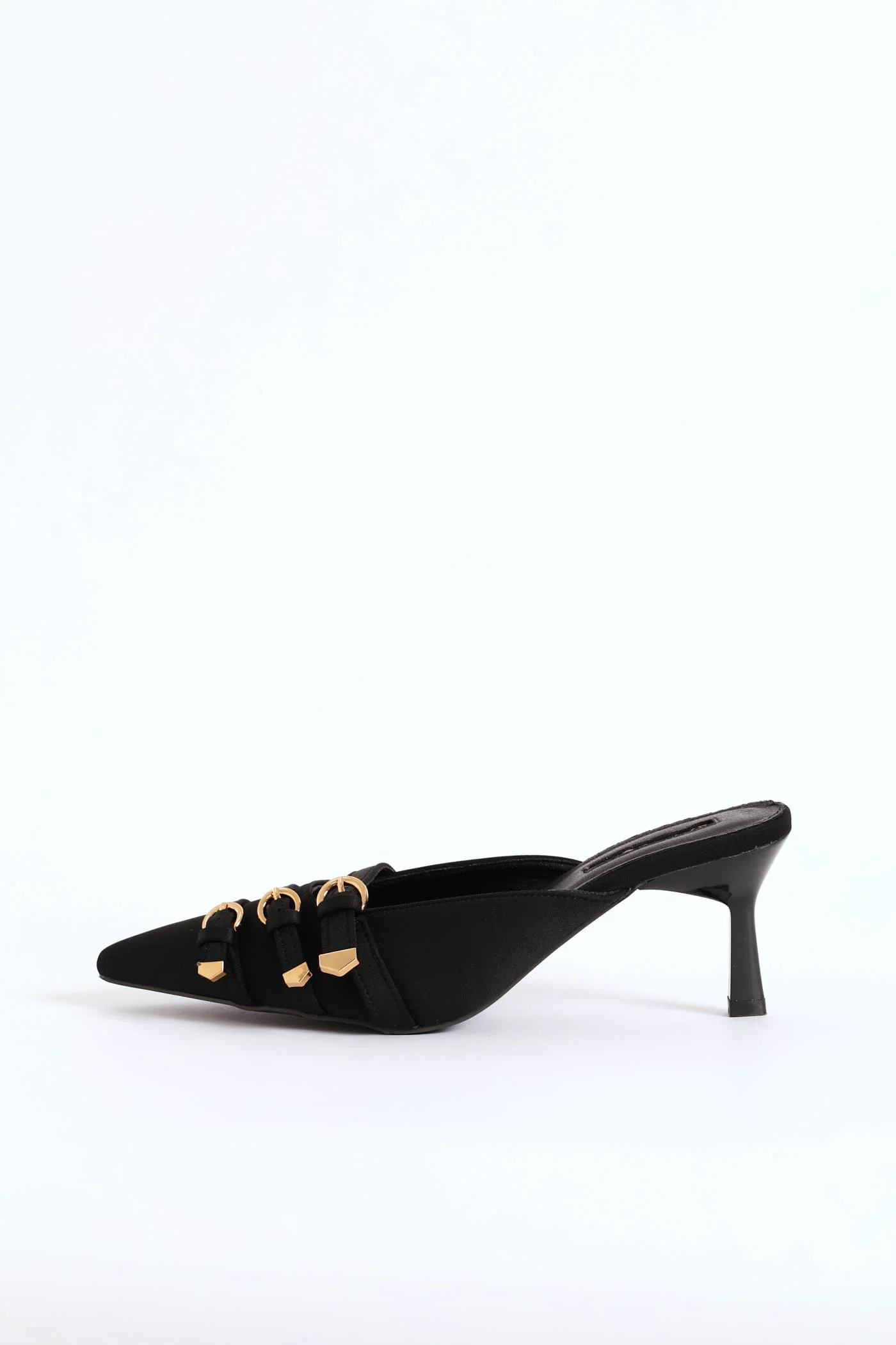 Buckle Strap Pointed Satin Slip-On Court Heel - Black