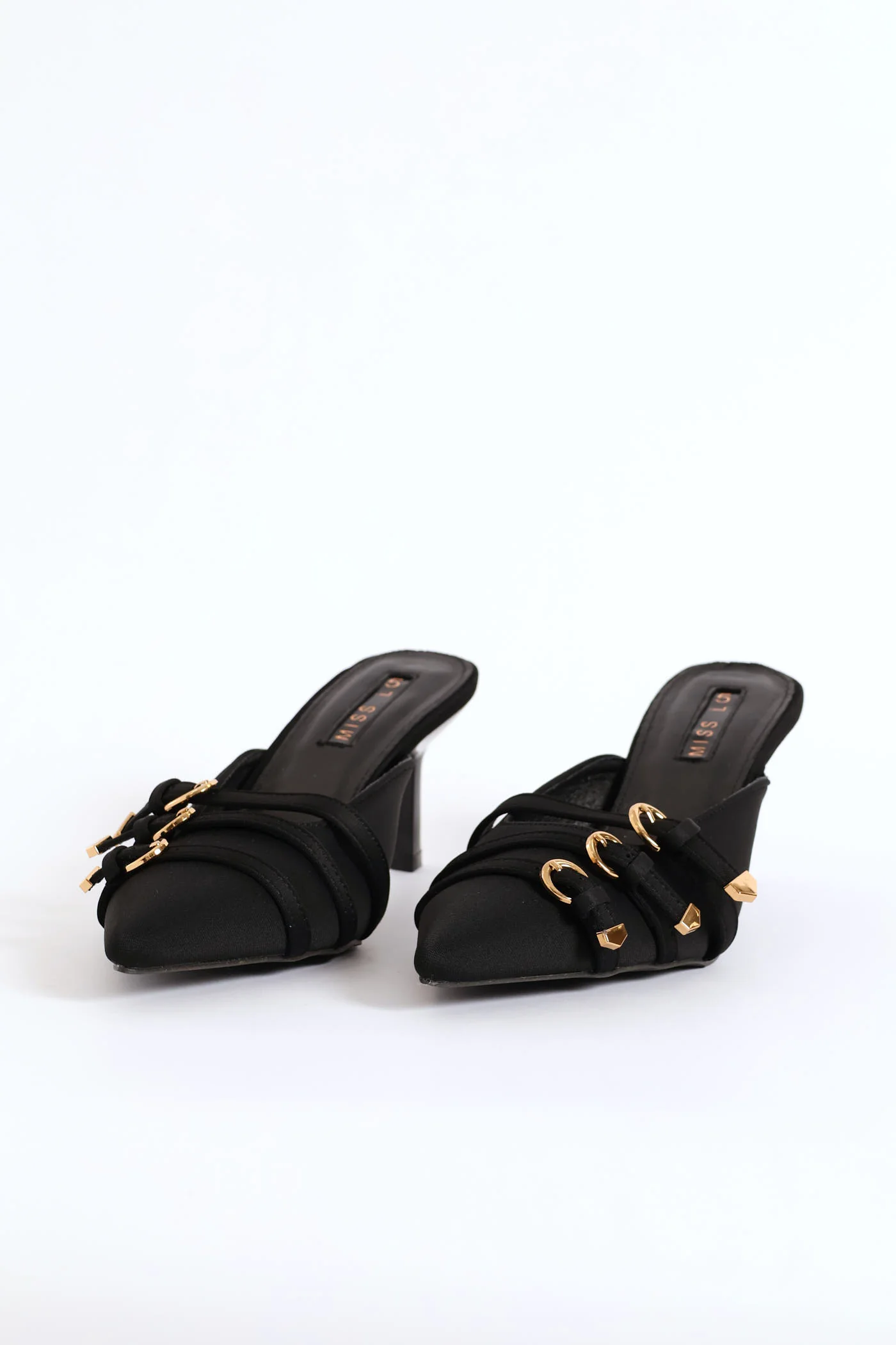 Buckle Strap Pointed Satin Slip-On Court Heel - Black - Image 2