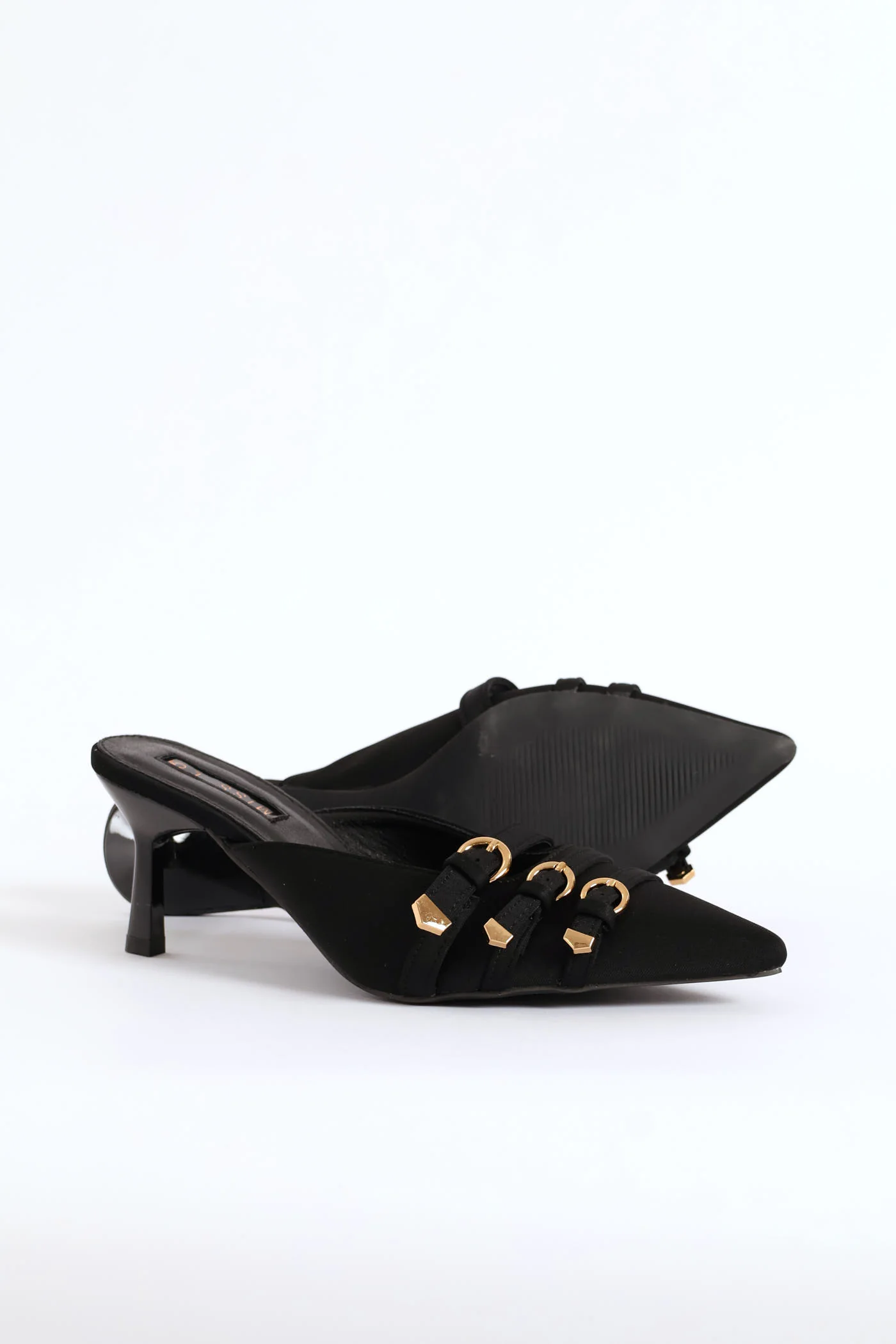 Buckle Strap Pointed Satin Slip-On Court Heel - Black - Image 3