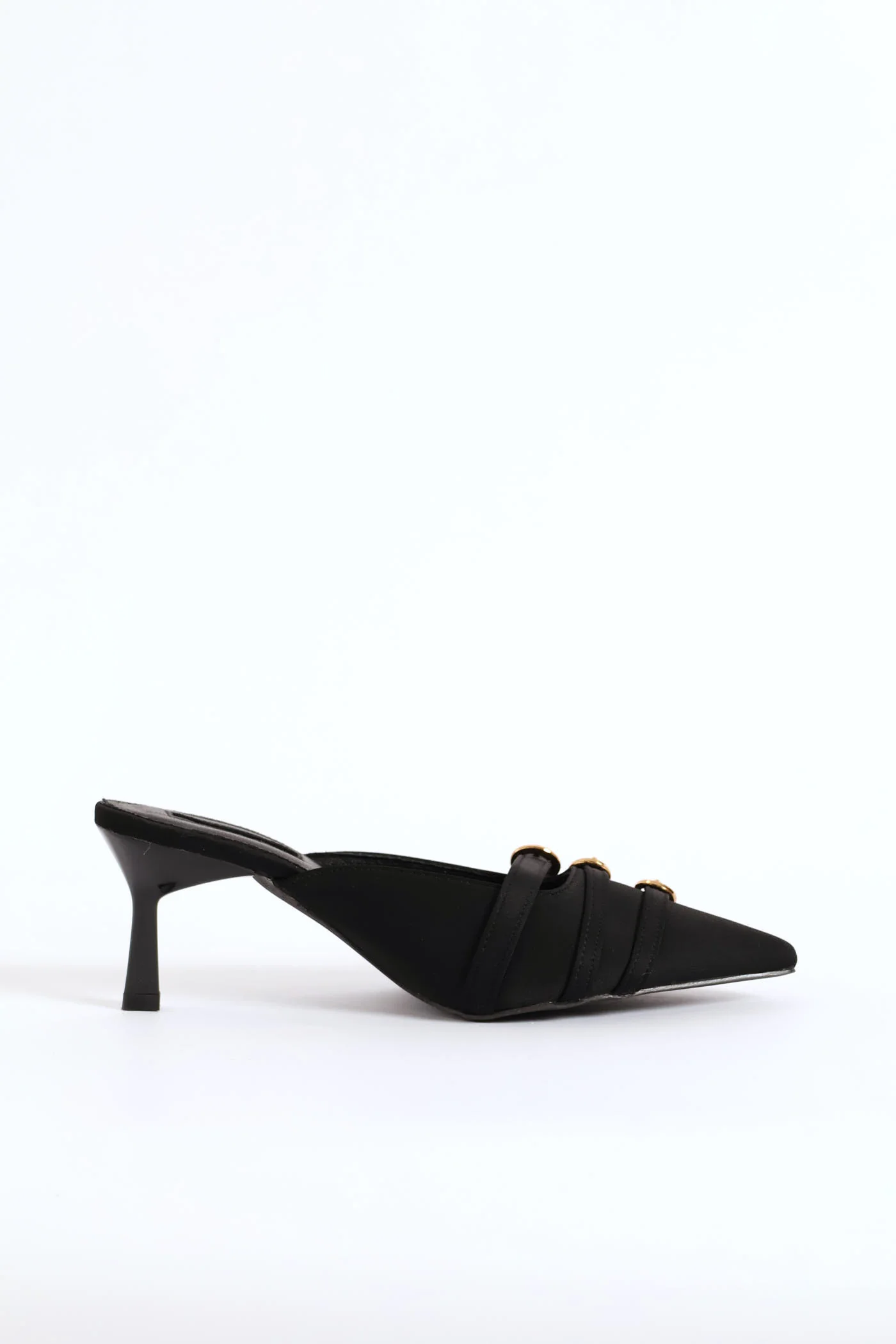 Buckle Strap Pointed Satin Slip-On Court Heel - Black - Image 4