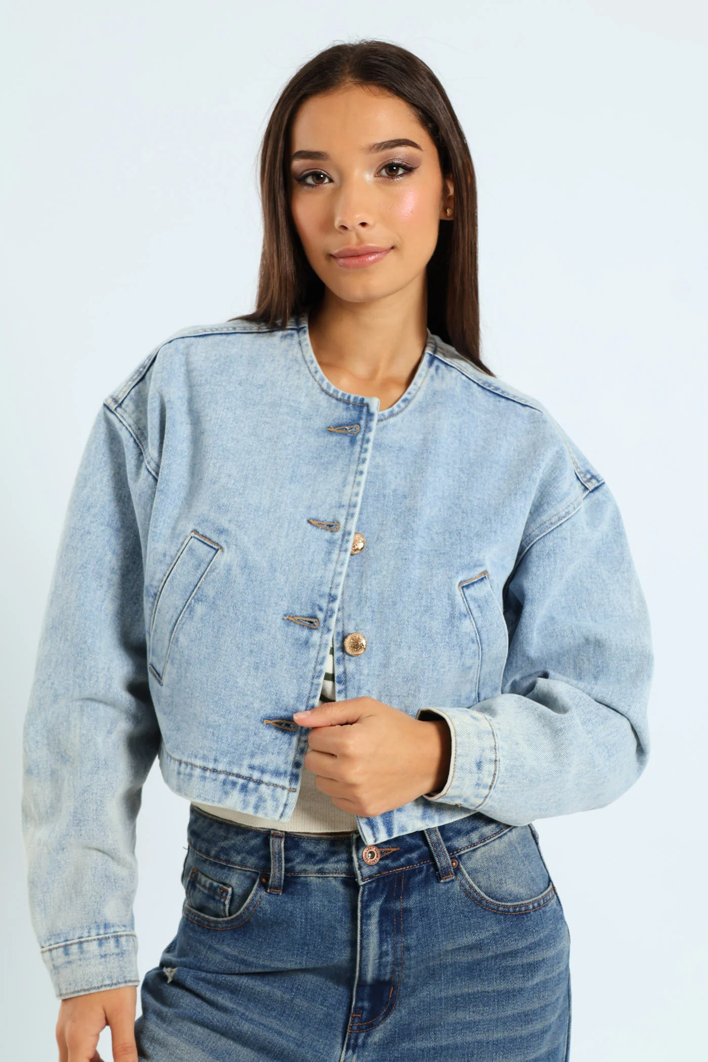 Button Detail Denim Jacket - Medium Wash - Image 5