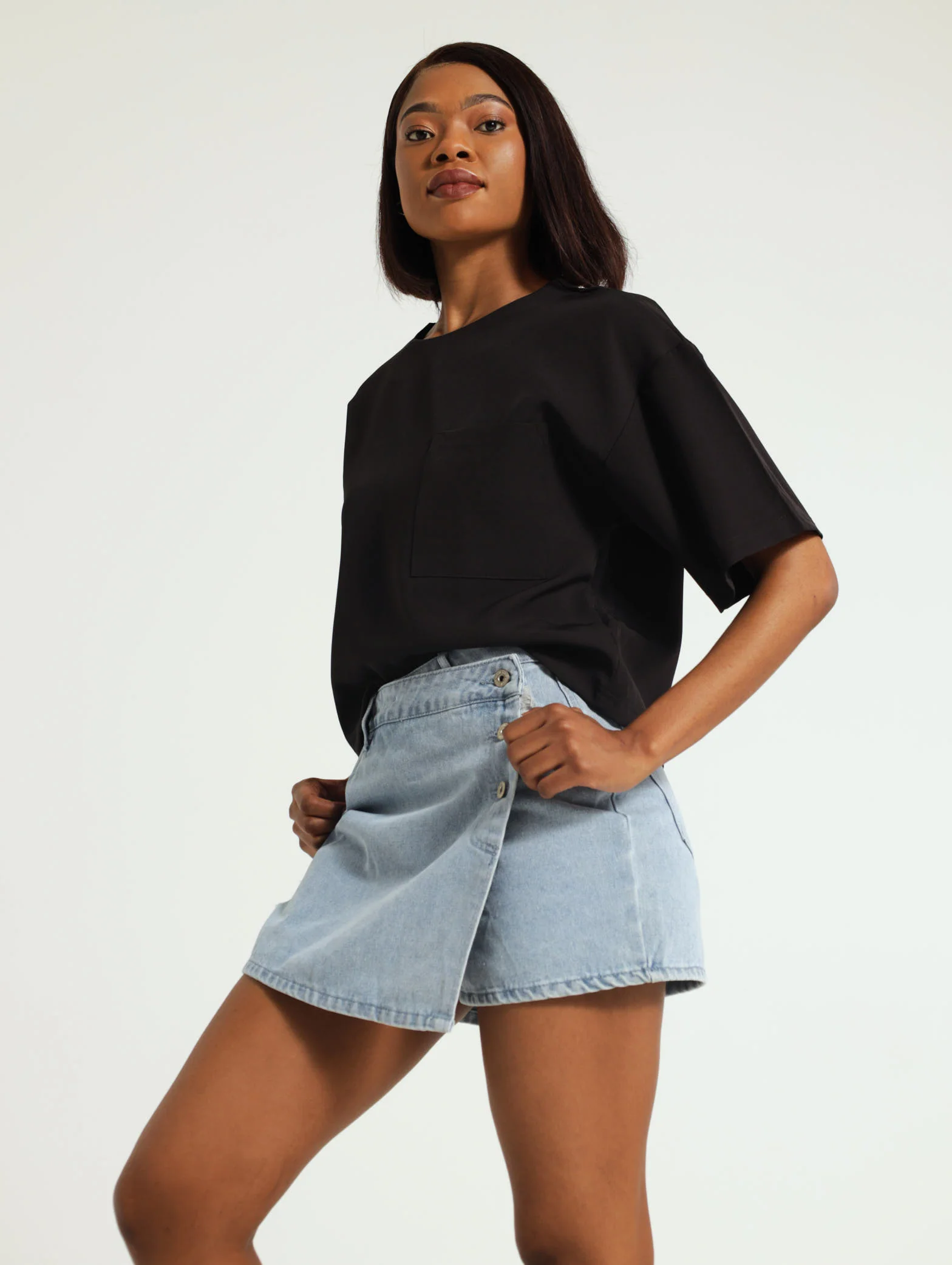 Button Detail Denim Skort - Image 2