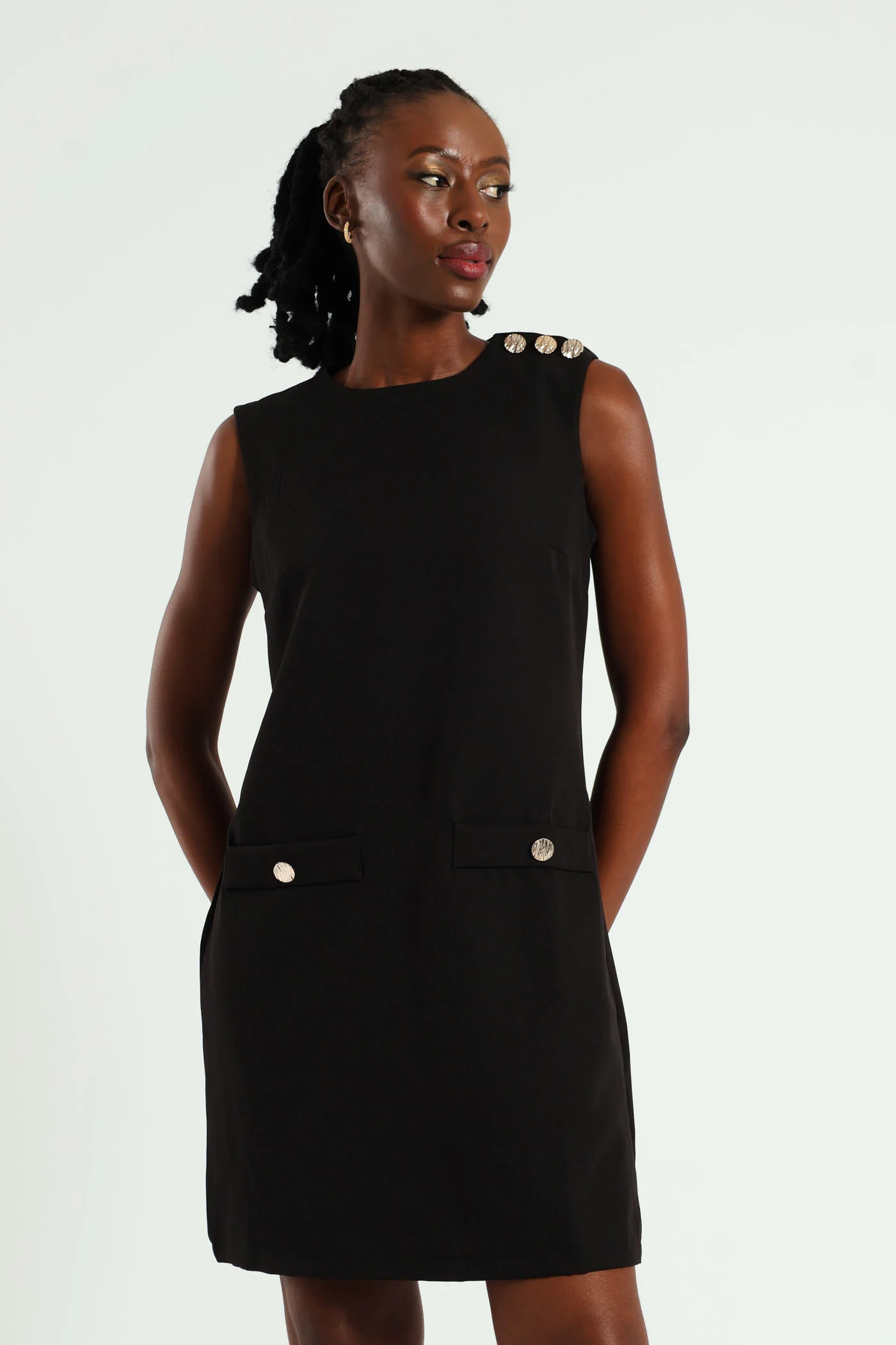 Button Detail Pinafore Dress - Black