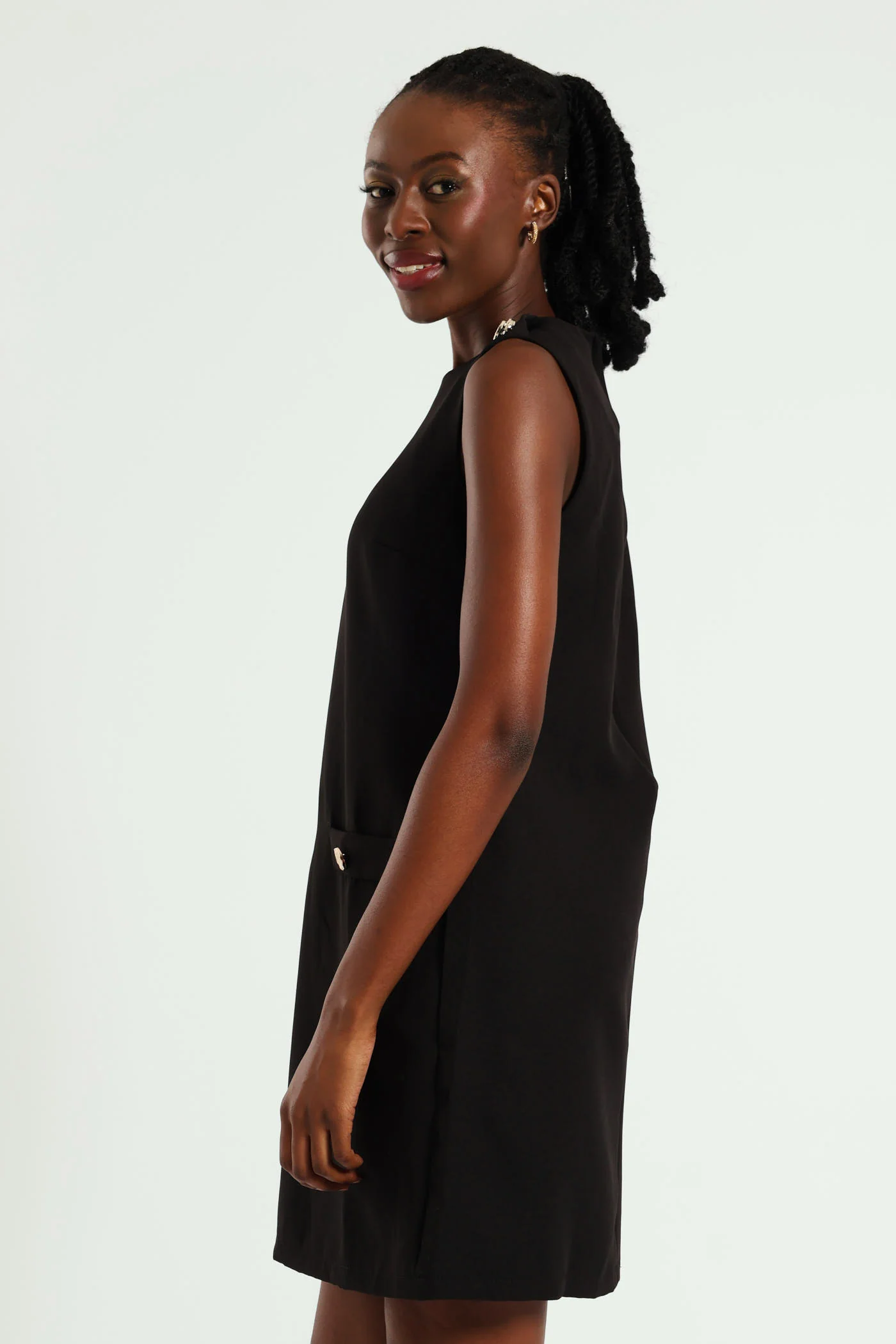 Button Detail Pinafore Dress - Black - Image 4