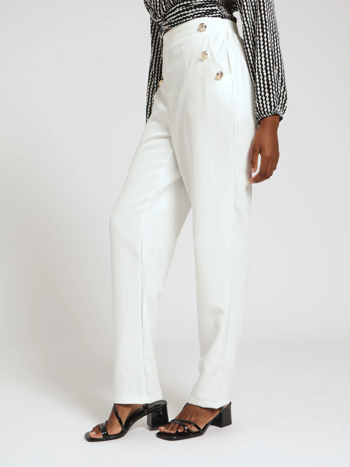 Button Detail Slim Leg Pants - Cream - Image 2