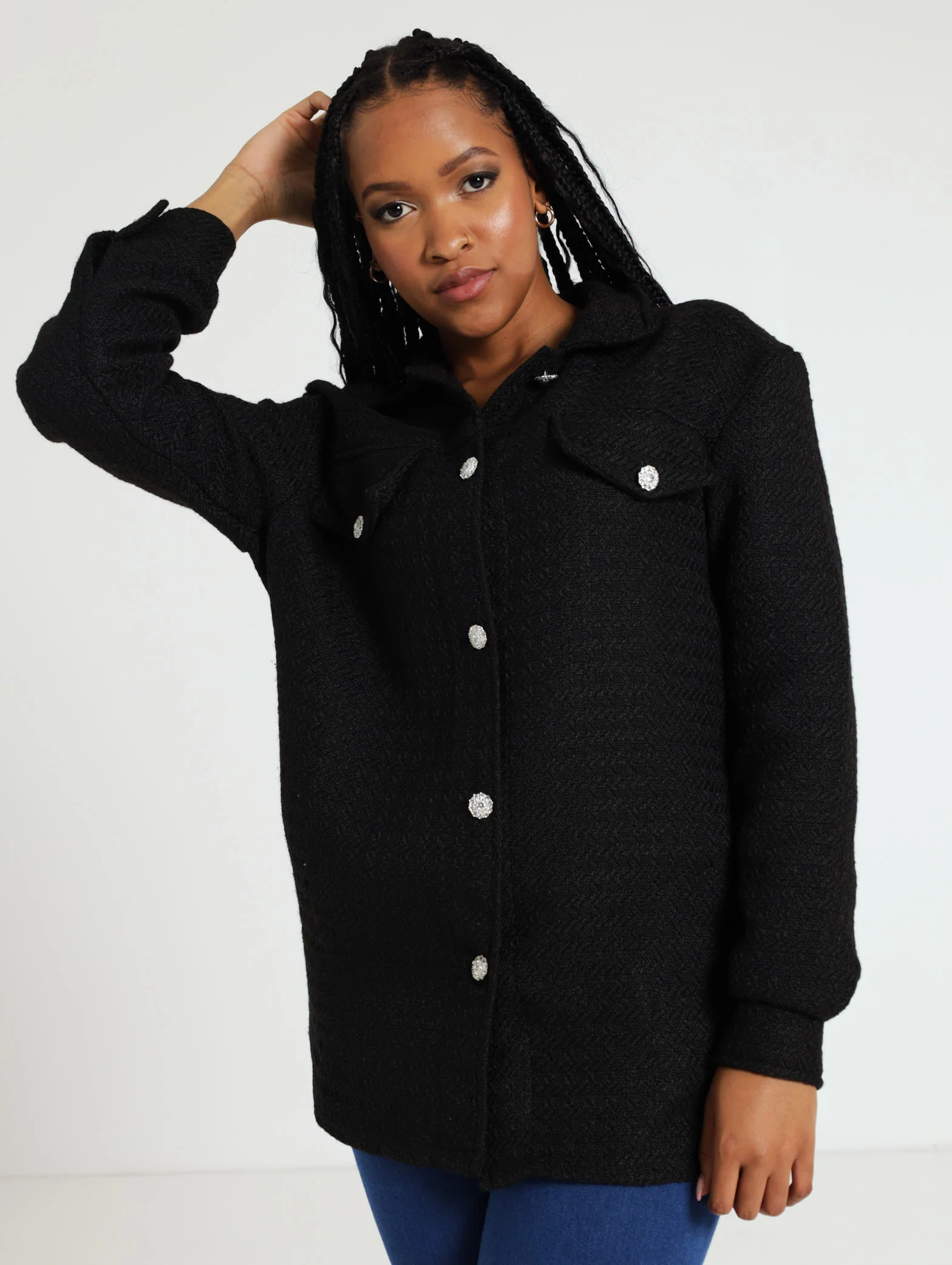 Button Detail Tweed Shacket - Black