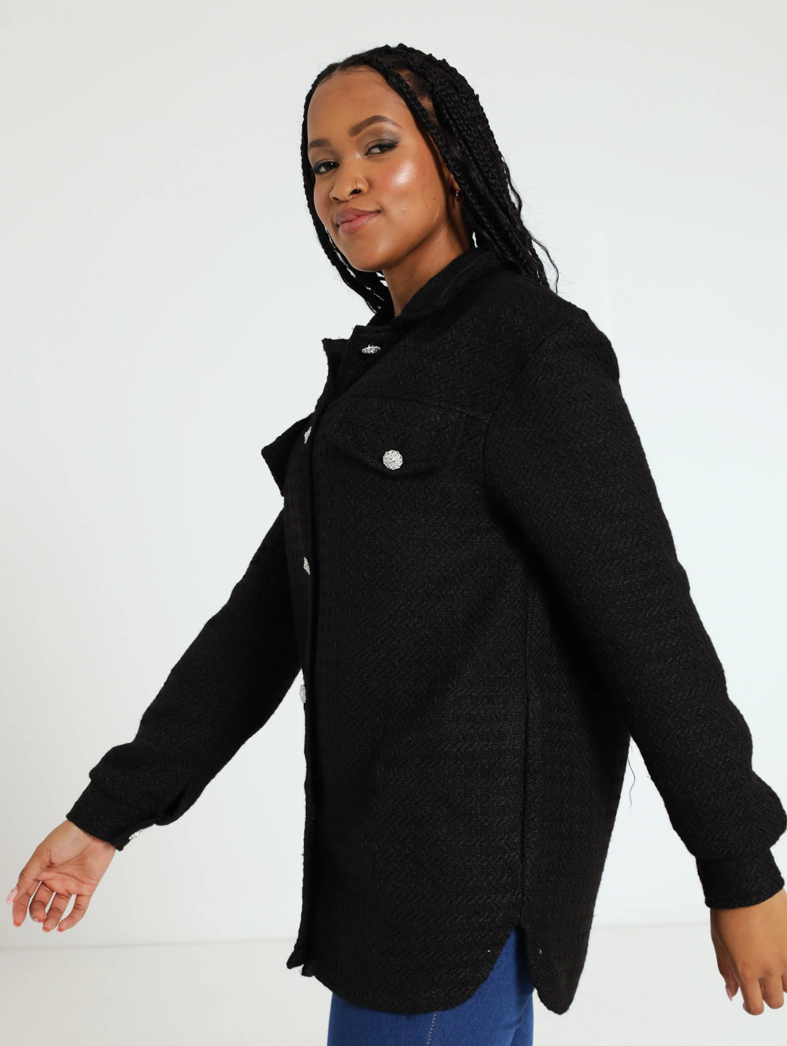 Button Detail Tweed Shacket - Black - Image 2