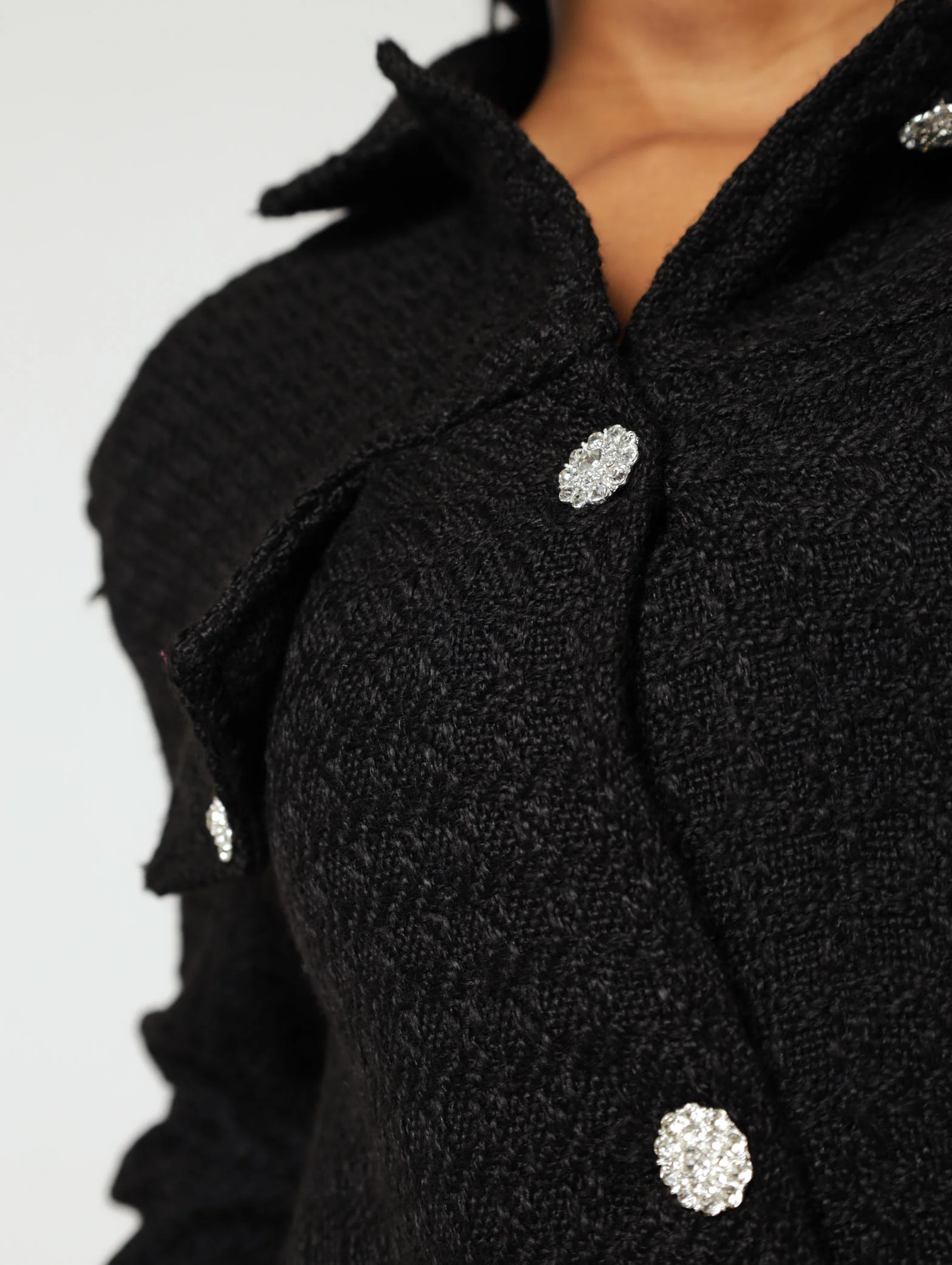Button Detail Tweed Shacket - Black - Image 3