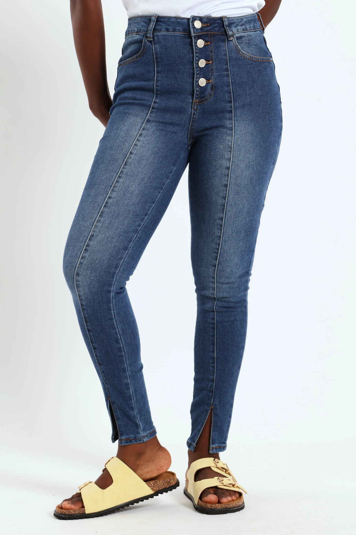 Button Fly Seam Front Split Hem Skinny Jean - Dark Indigo