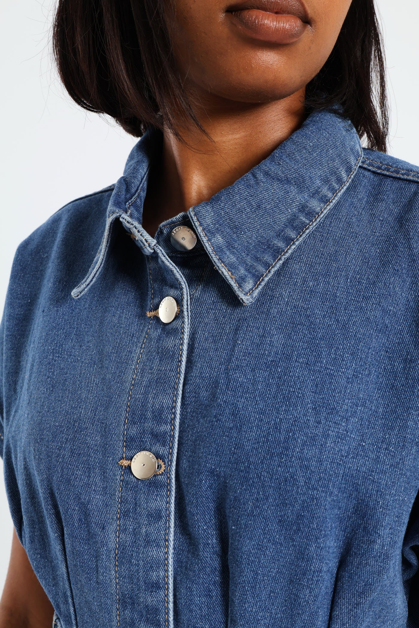 Button Front Denim Mini Dress - Salty Dark Wash - Image 2