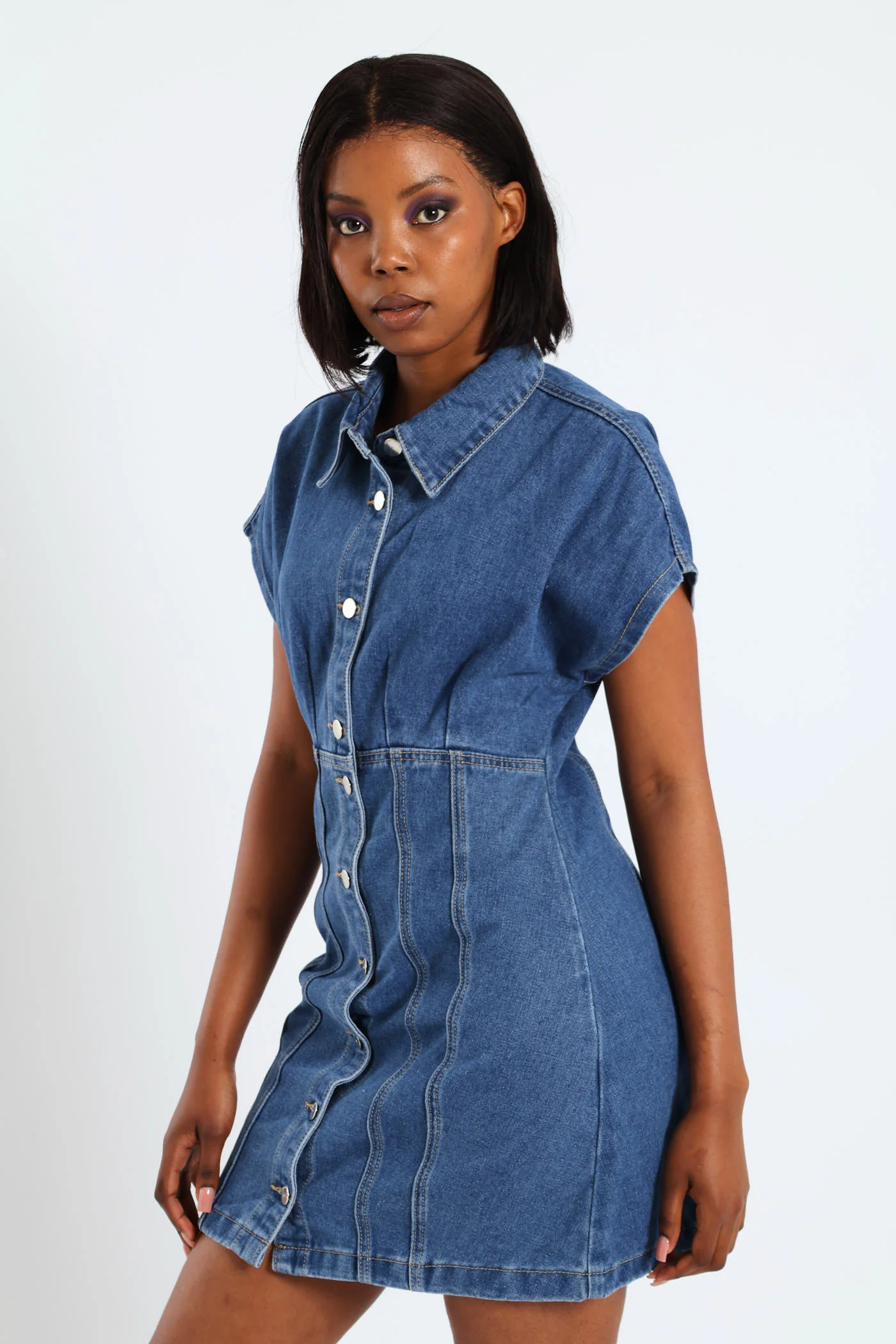 Button Front Denim Mini Dress - Salty Dark Wash - Image 3