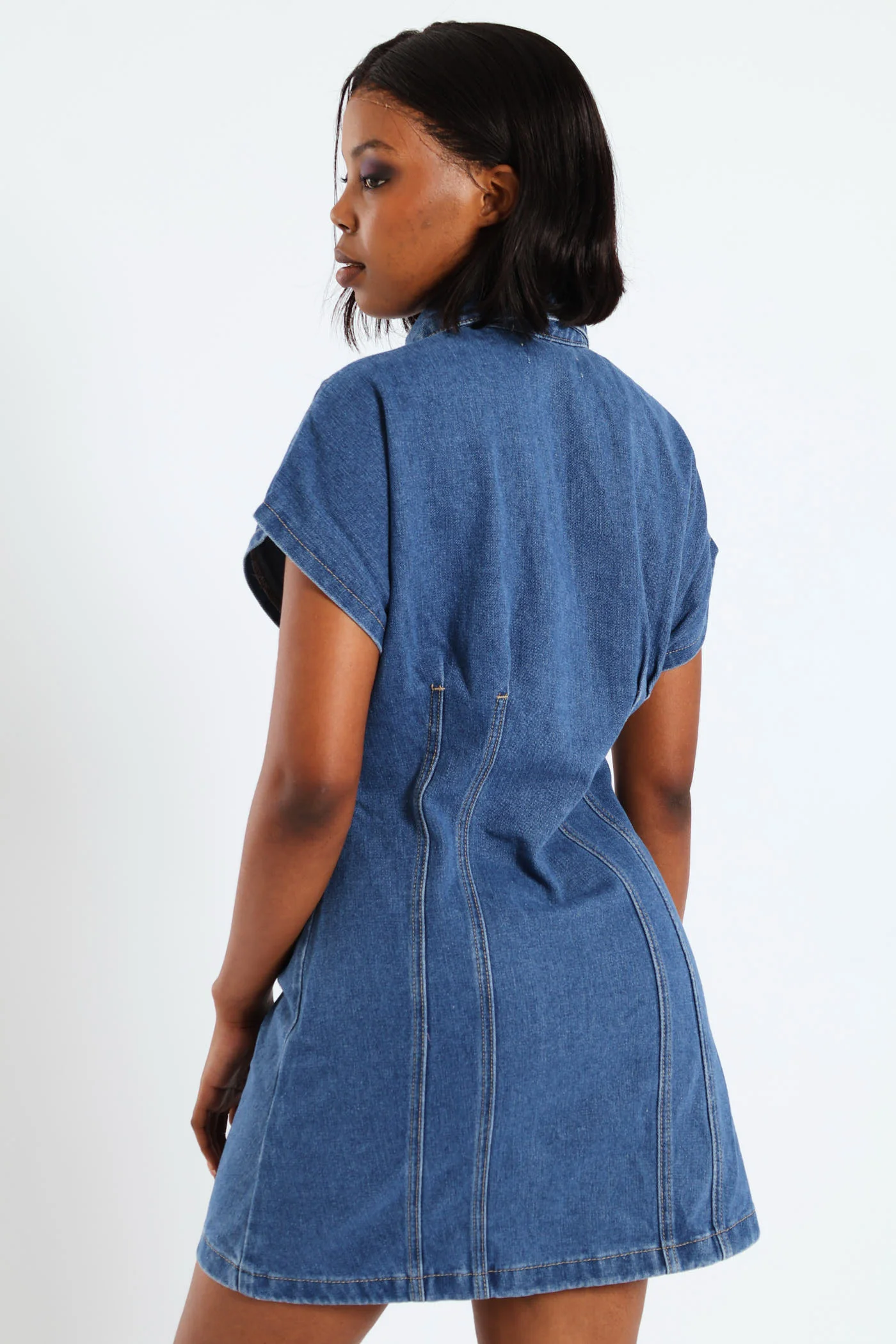 Button Front Denim Mini Dress - Salty Dark Wash - Image 5