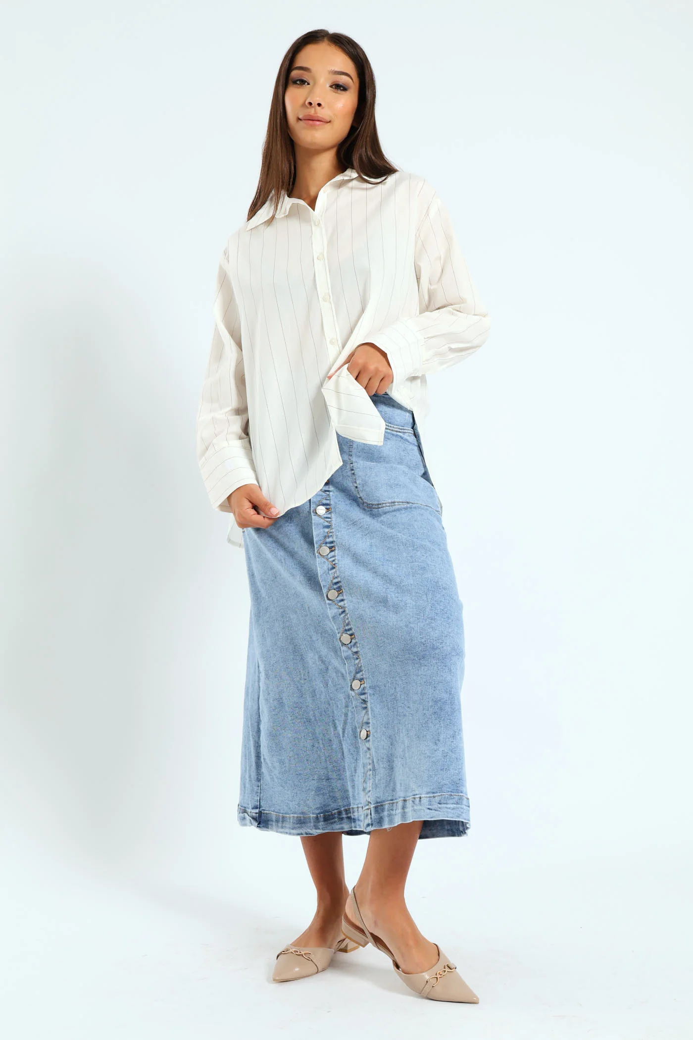 Button Front Flared Denim Skirt - Mid Blue