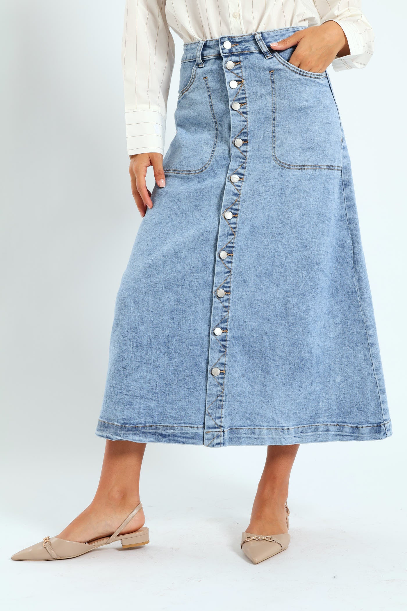 Button Front Flared Denim Skirt - Mid Blue - Image 2