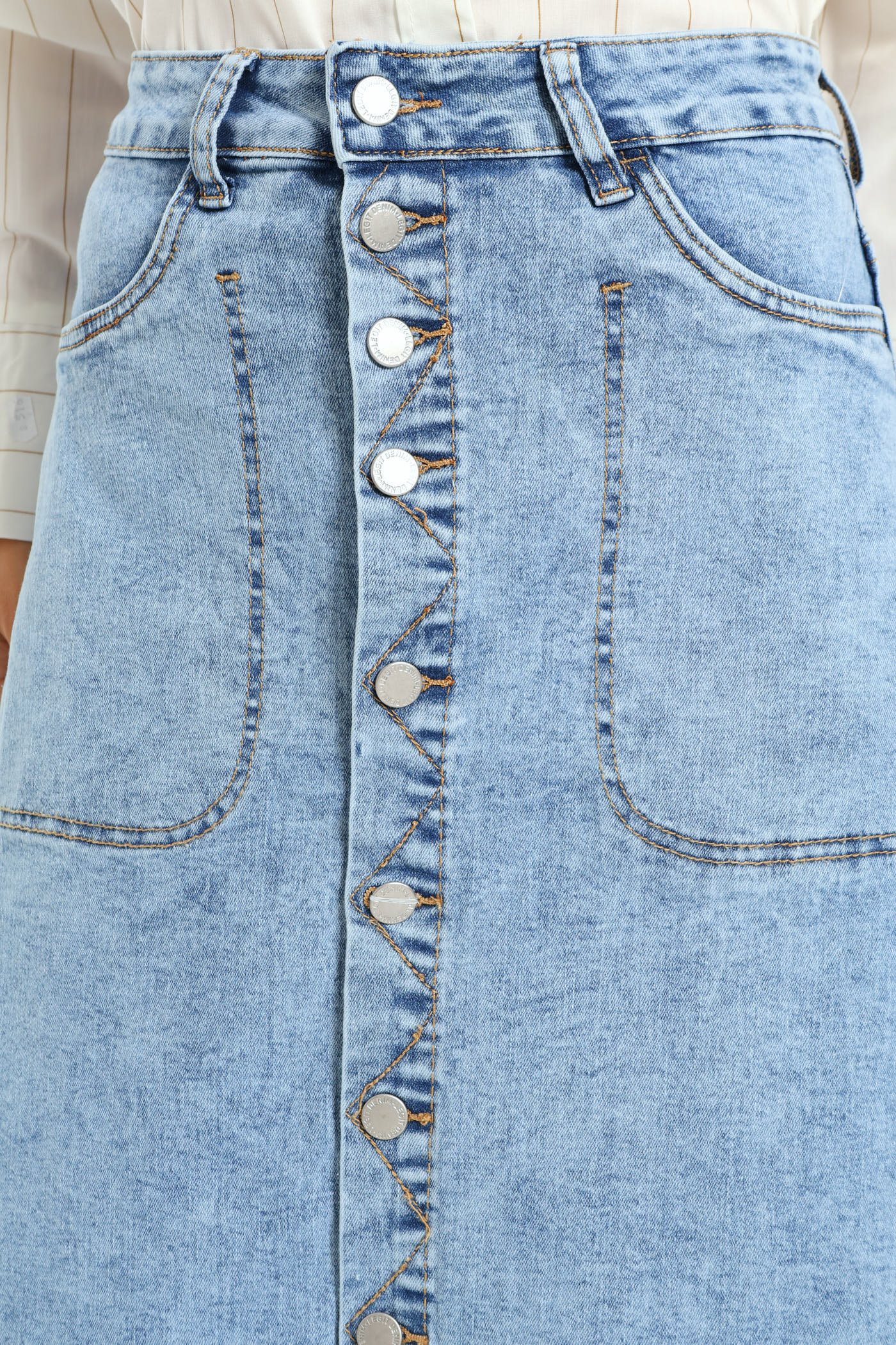 Button Front Flared Denim Skirt - Mid Blue - Image 3