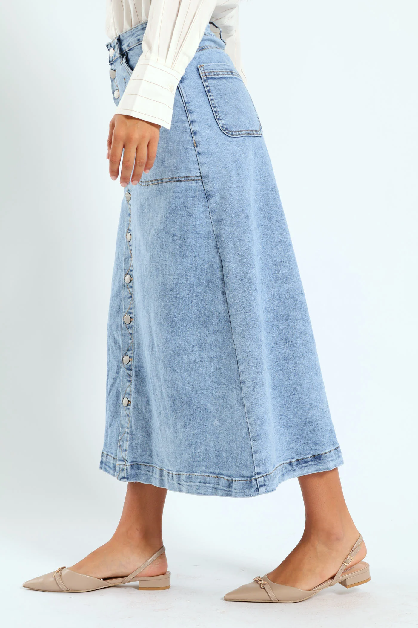 Button Front Flared Denim Skirt - Mid Blue - Image 4