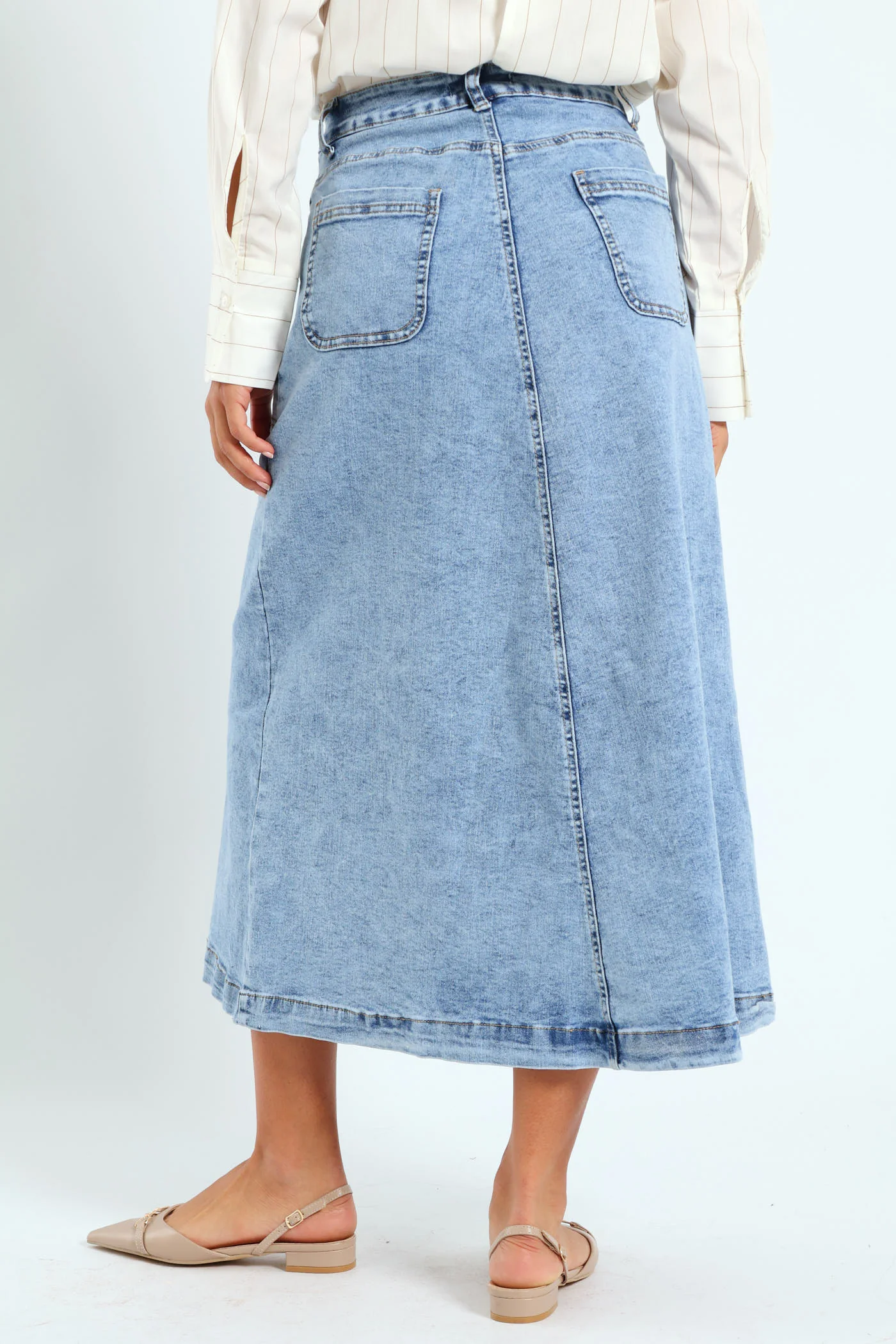 Button Front Flared Denim Skirt - Mid Blue - Image 5