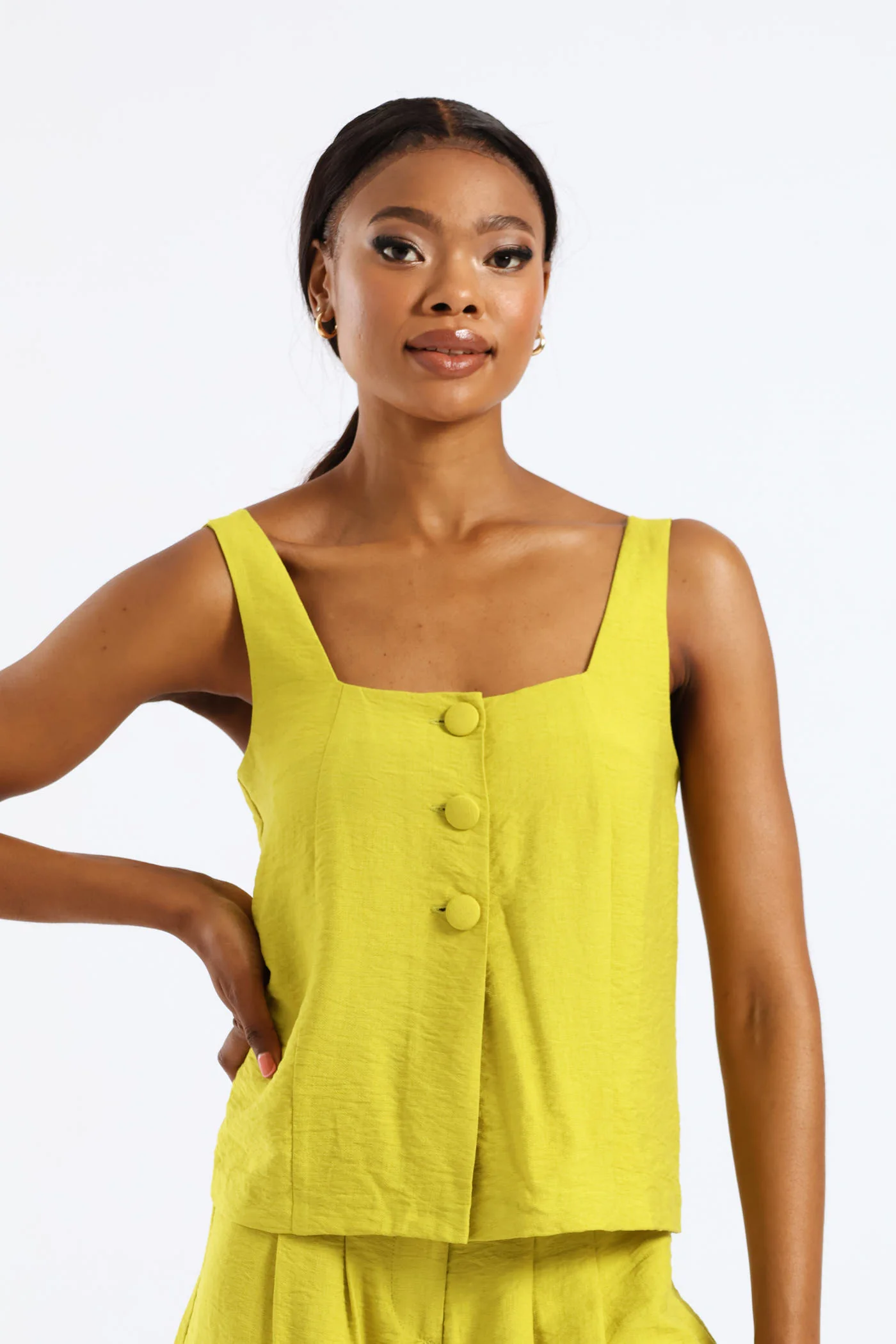 Button Front Linen Look Cami Top - Chartreuse