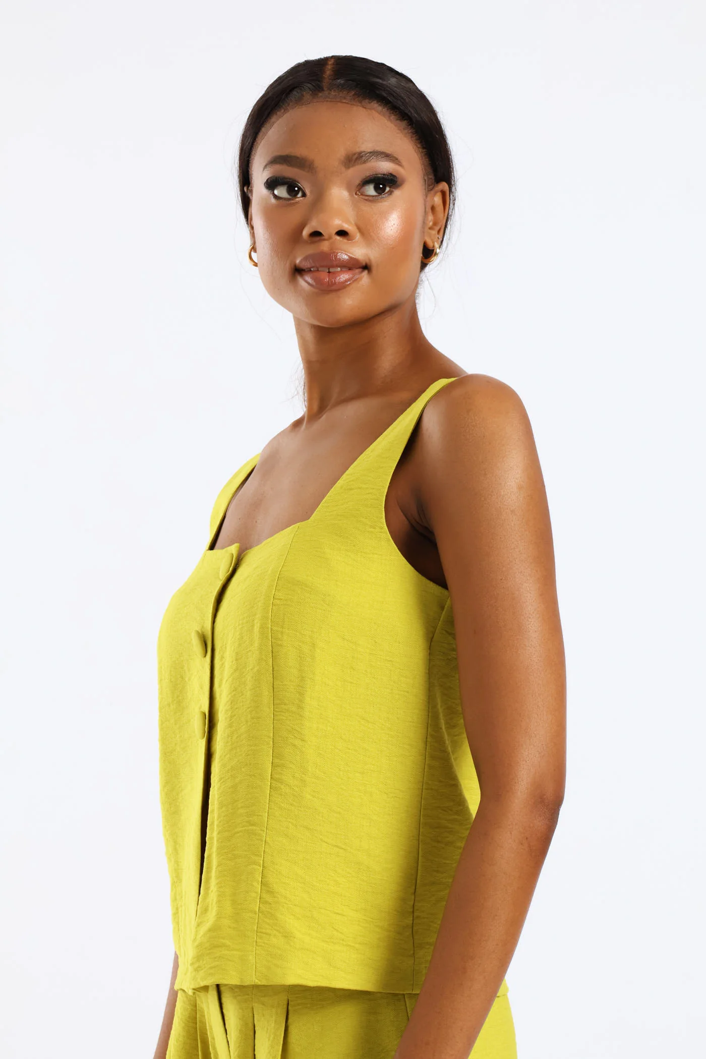 Button Front Linen Look Cami Top - Chartreuse - Image 3